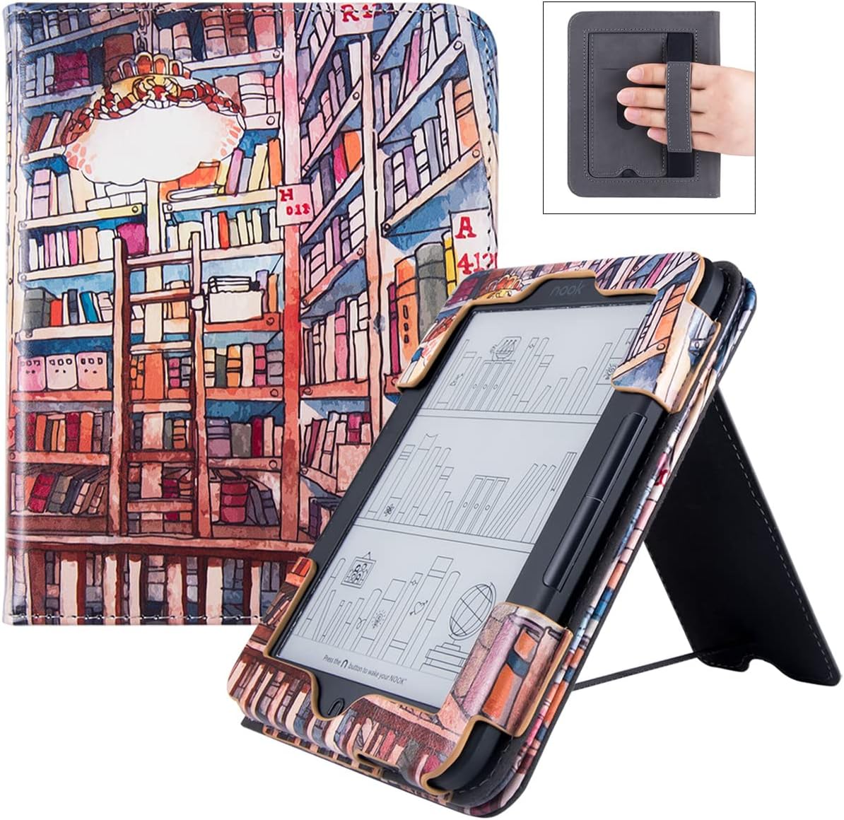 BOZHUORUI Stand Case for Nook Glowlight 4/Glowlight 4E e-Reader (2021 & 2022 Released) - Premium PU Leather Sleeve Cover with Card Slot and Hand Strap (Bookstore)