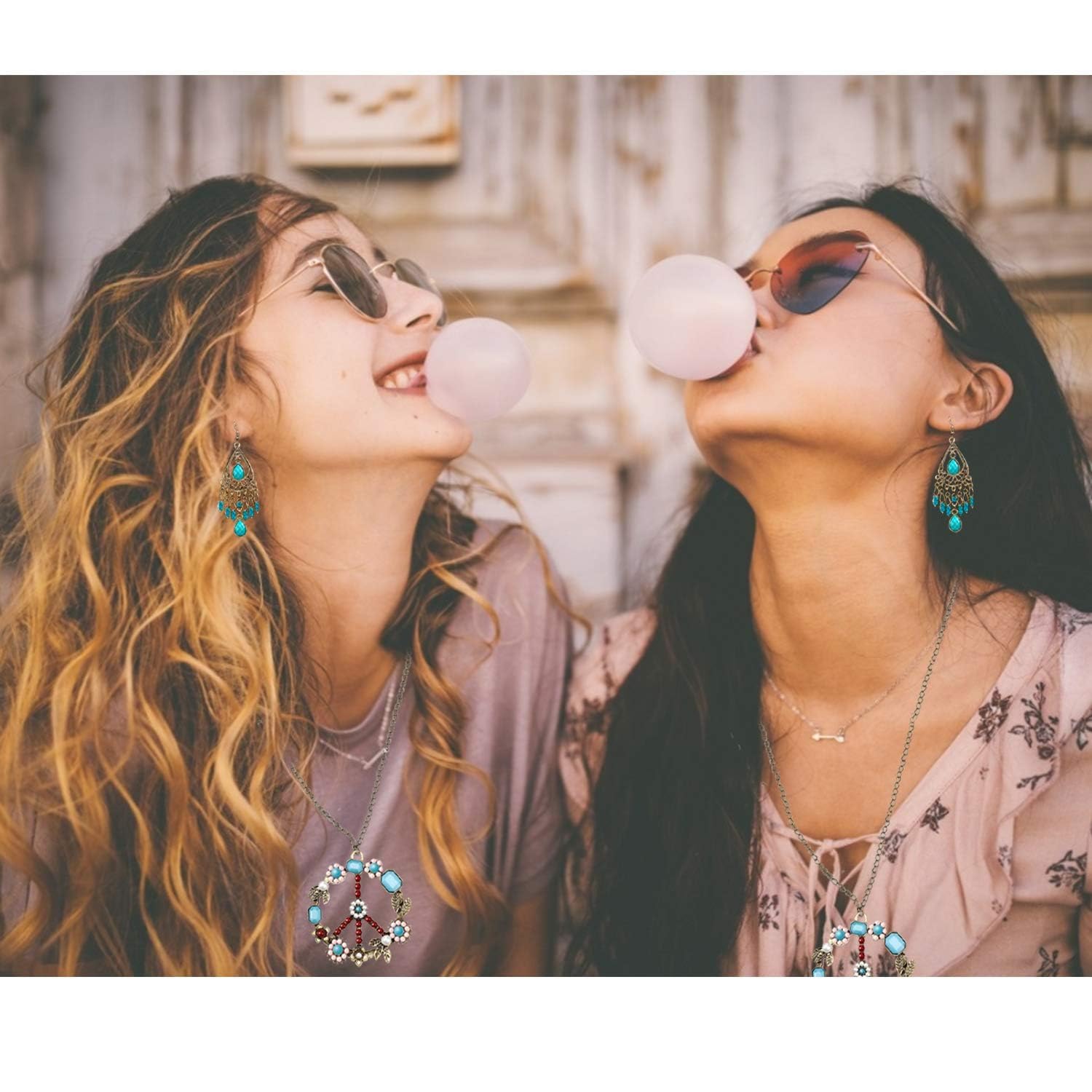 Alintor Hippie Accessoires für Schlagermove Outfit Damen, Flower Power Zubehör für Hippie Kostüm, 60er 70er Jahre Bekleidung, Peace Kette, Brille