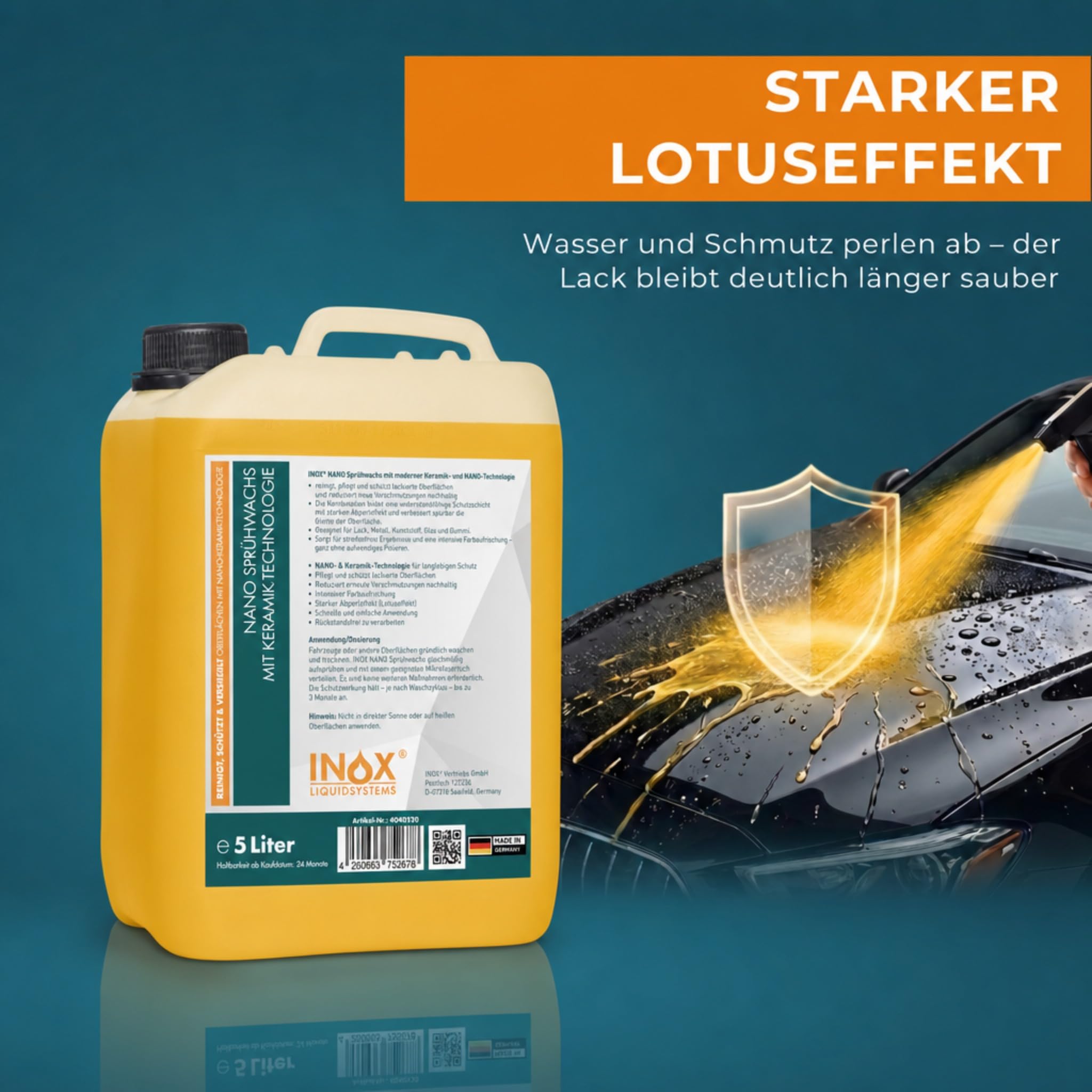 INOX® Sprühwachs – Premium Spray Wax mit Abperleffekt - Autopflege für Glanz & Schutz - Perfekte Lackpflege und Sprühversiegelung - Für alle Lacke geeignet (2 x 5L)