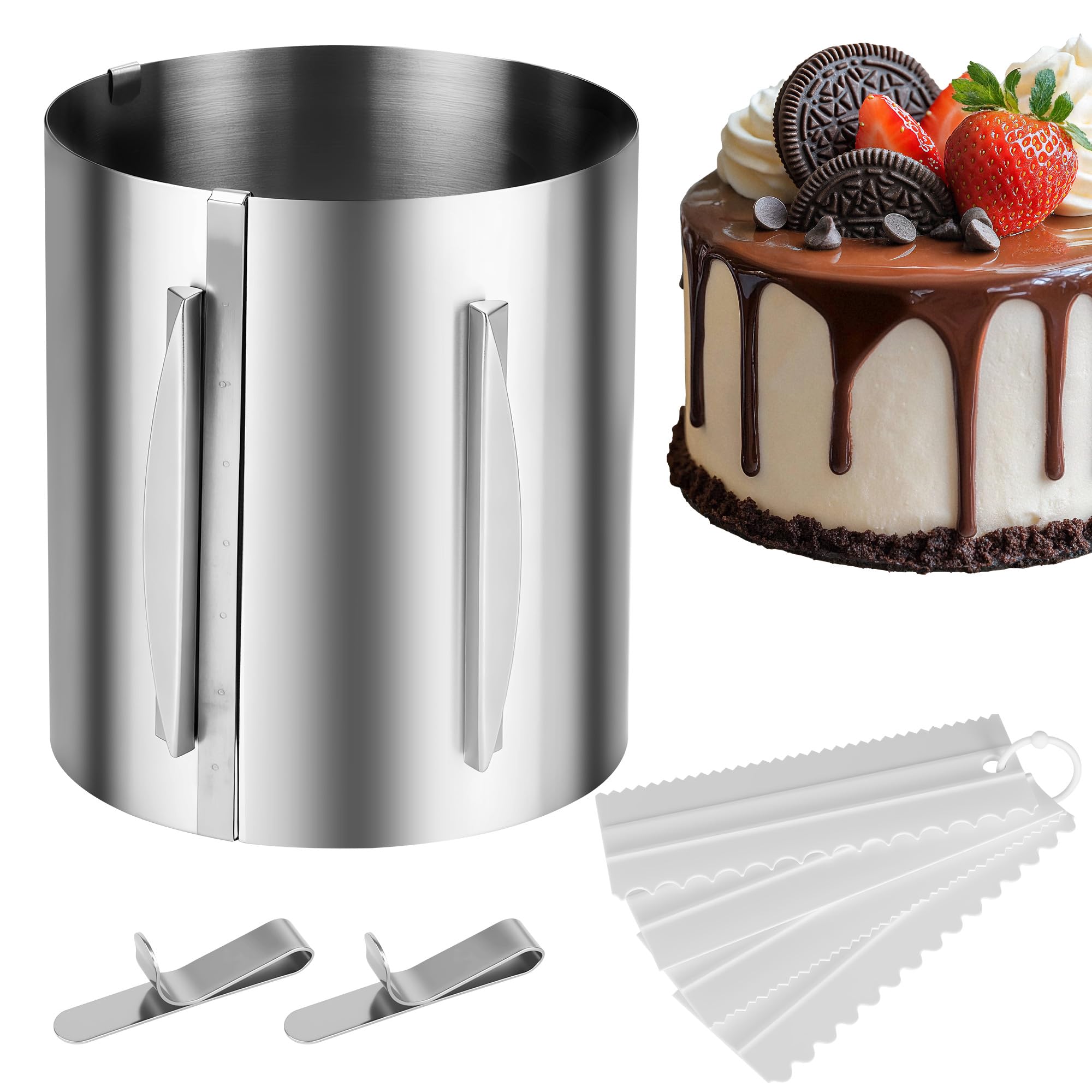 YeeQo Tortenring Hoch 20 cm, Tortenring Verstellbar mit Skala. Edelstahl Backring Verstellbar 16-30 cm mit 2 Clips und 4 Sahneschaber, Kuchenring die zum Backen und Schichten von Kuchen geeignet sind