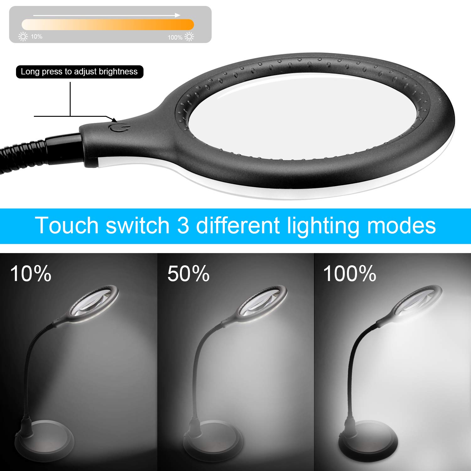 Loupe LED 5 X avec Clip et col Flexible, Lampe loupe alimentée par USB, Parfaite pour la Lecture, Les Loisirs, Les travaux manuels ou l'établi