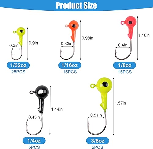 Miniatura 3 de Kit de ganchos para cabeza de plantilla de pesca, 65 piezas de señuelos de pesca de crappie Bass Walleye jig Heads para pesca redonda pintada