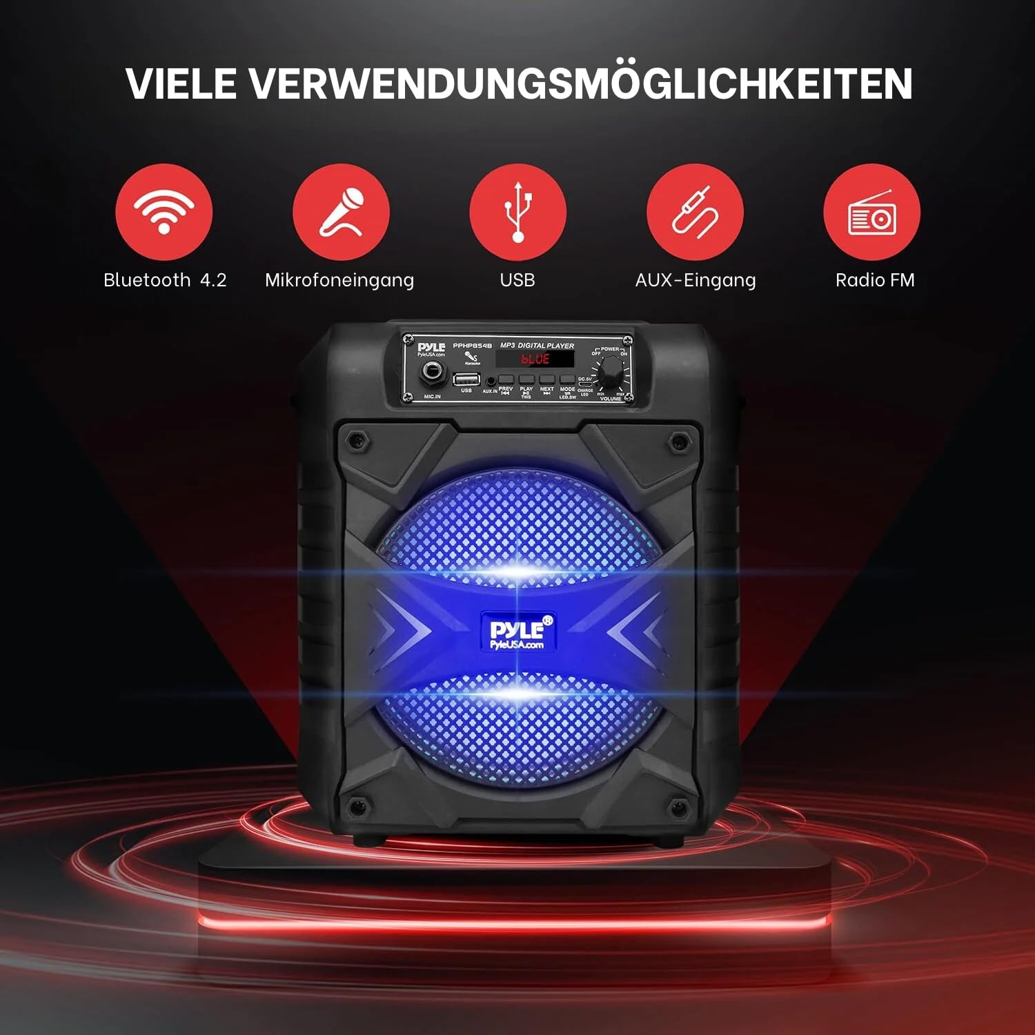 Pyle Partybox - Bluetooth Lautsprecher Groß, PA Anlage, Musikbox, Karaoke Box, 300W, 8" Subwoofer, Tragbare Musikboxen mit wiederaufladbarem Akku, Bluetooth Box mit Party Lichtern, MP3/USB, FM Radio