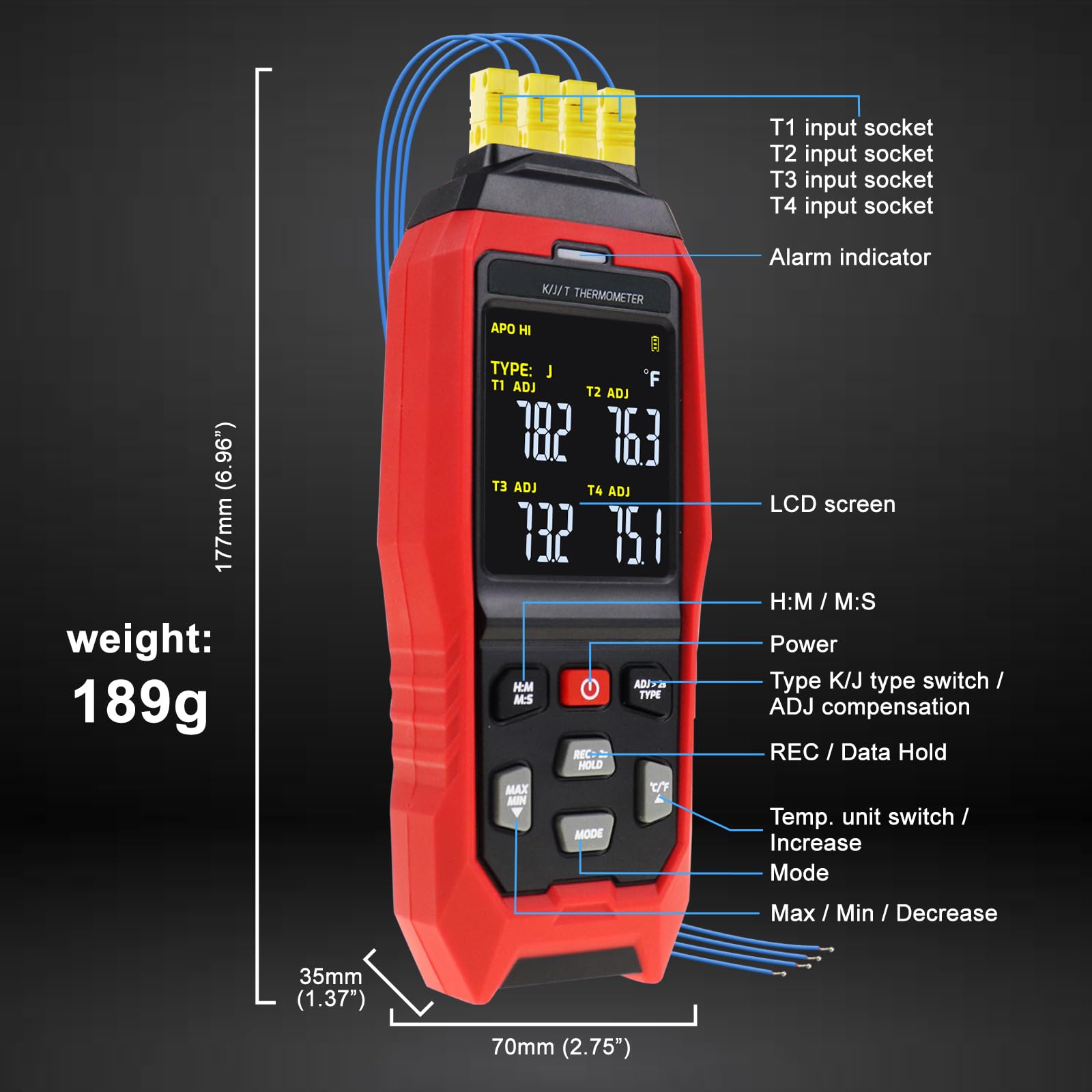 Registratore Dati Termometro a Termocoppia 4 Canali Tipo K, -328~2501°F, Allarmi Acustici Visivi