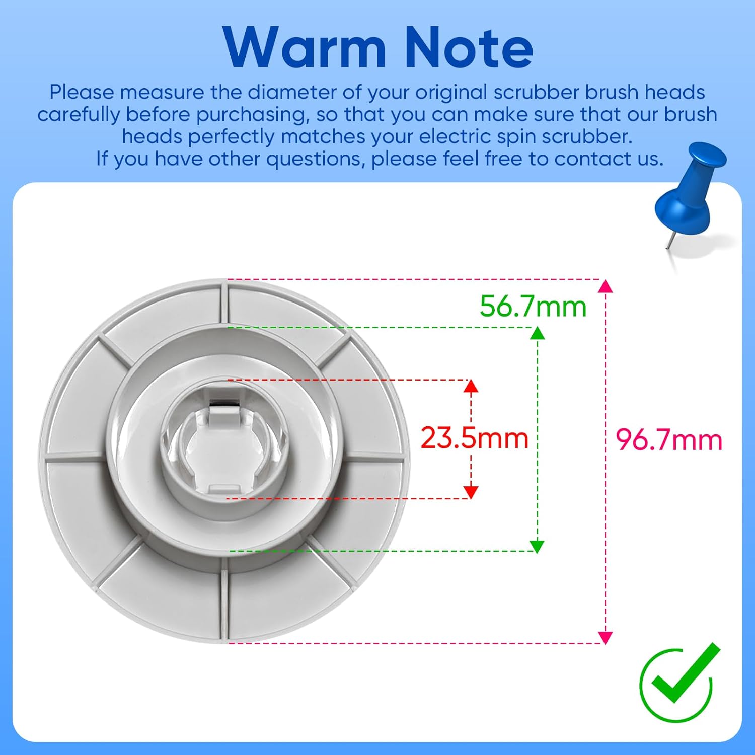 Diagram showing the dimensions of a brush head docking port in millimeters: 56.7mm outer diameter, 23.5mm inner diameter, 96.7mm total height.