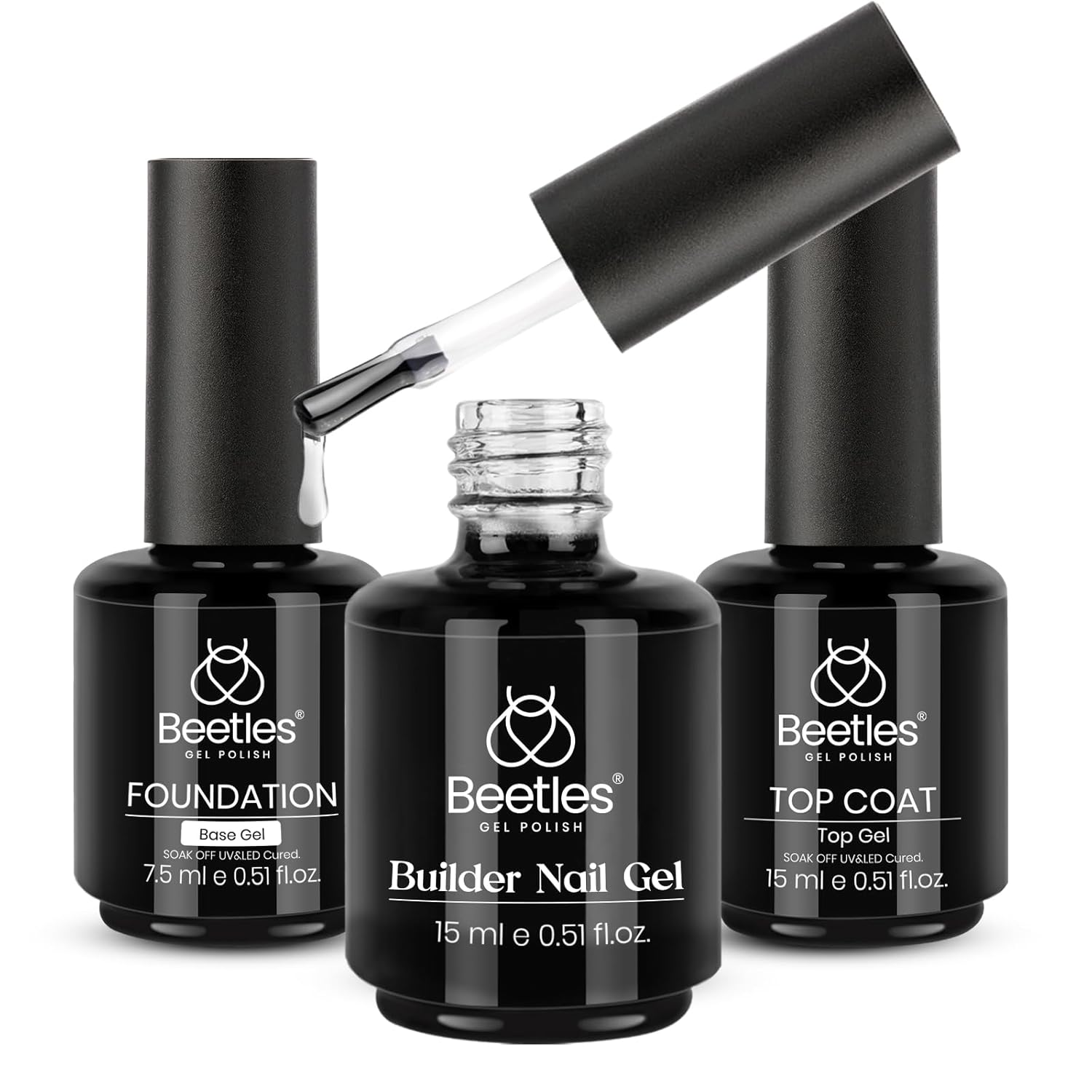 Beetles 9 in 1 Nail Glue Gel for Nail Tips 3Pcs 15ml Top and Base Coat Builder Nail Gel Set