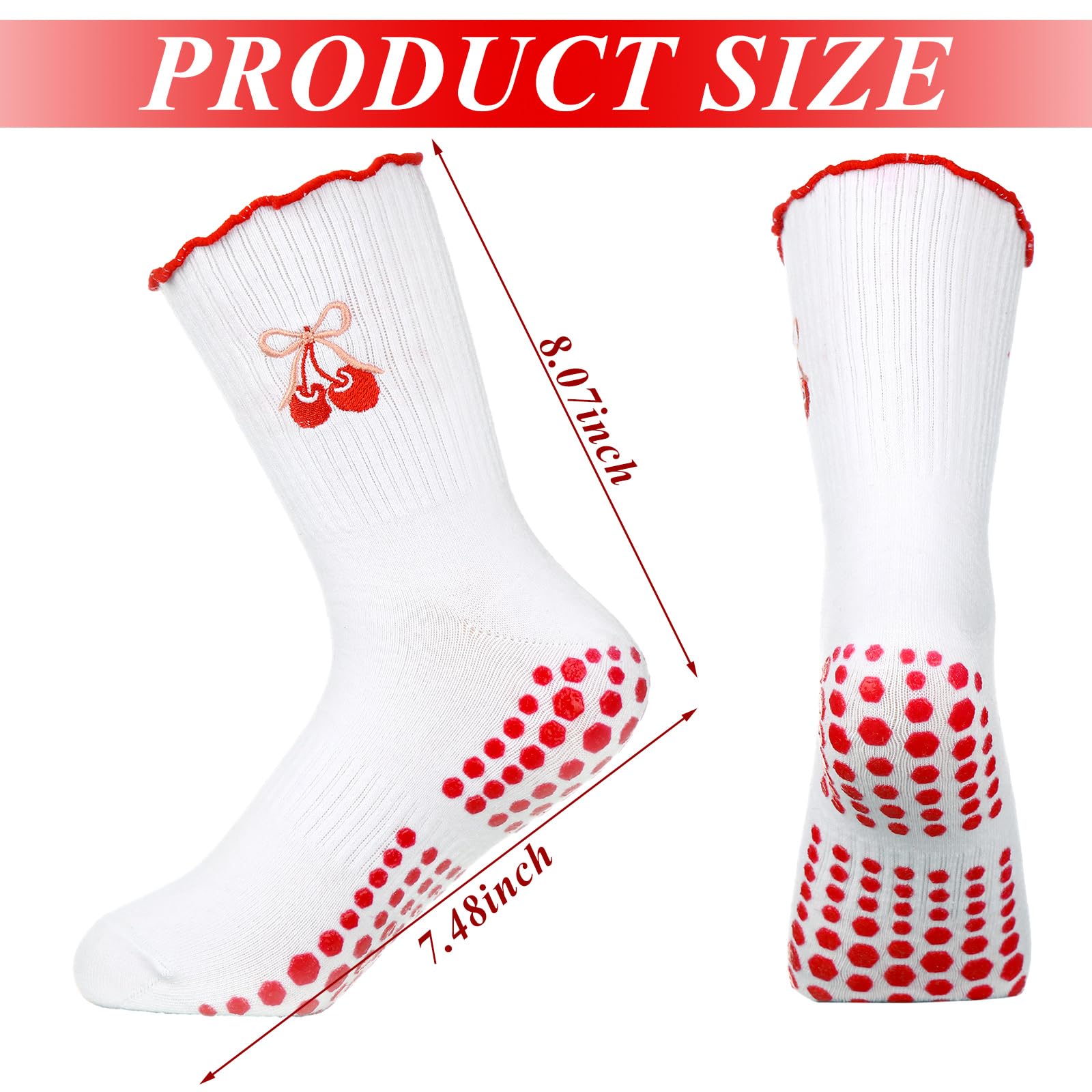 Jeyiour 5 Pairs Coquette Bow Socks for Women Cute Non-slip Pure Cotton Socks with Embroidered for Pilates Yoga Barre Ballet(Cherry)