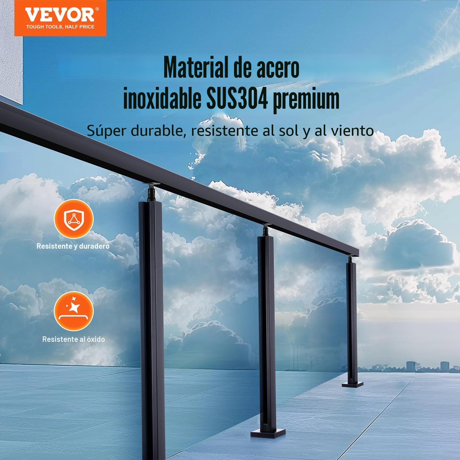 VEVOR Abrazadera de Vidrio, Soporte de Barandilla de Vidrio de 910 x 105 x 105 mm para Vidrio Templado de 10-12 mm de Espesor, Acero Inoxidable 304, para Balcón, Jardín, Cubierta, Escalera, Negro