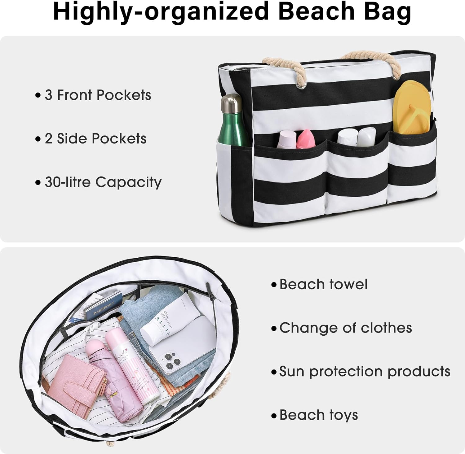 Becokan Beach Bags for Women Canvas Large Beach Tote Bag Zipper Waterproof Sandproof Foldable Swim Pool Bag with 7 Pockets - Image 7
