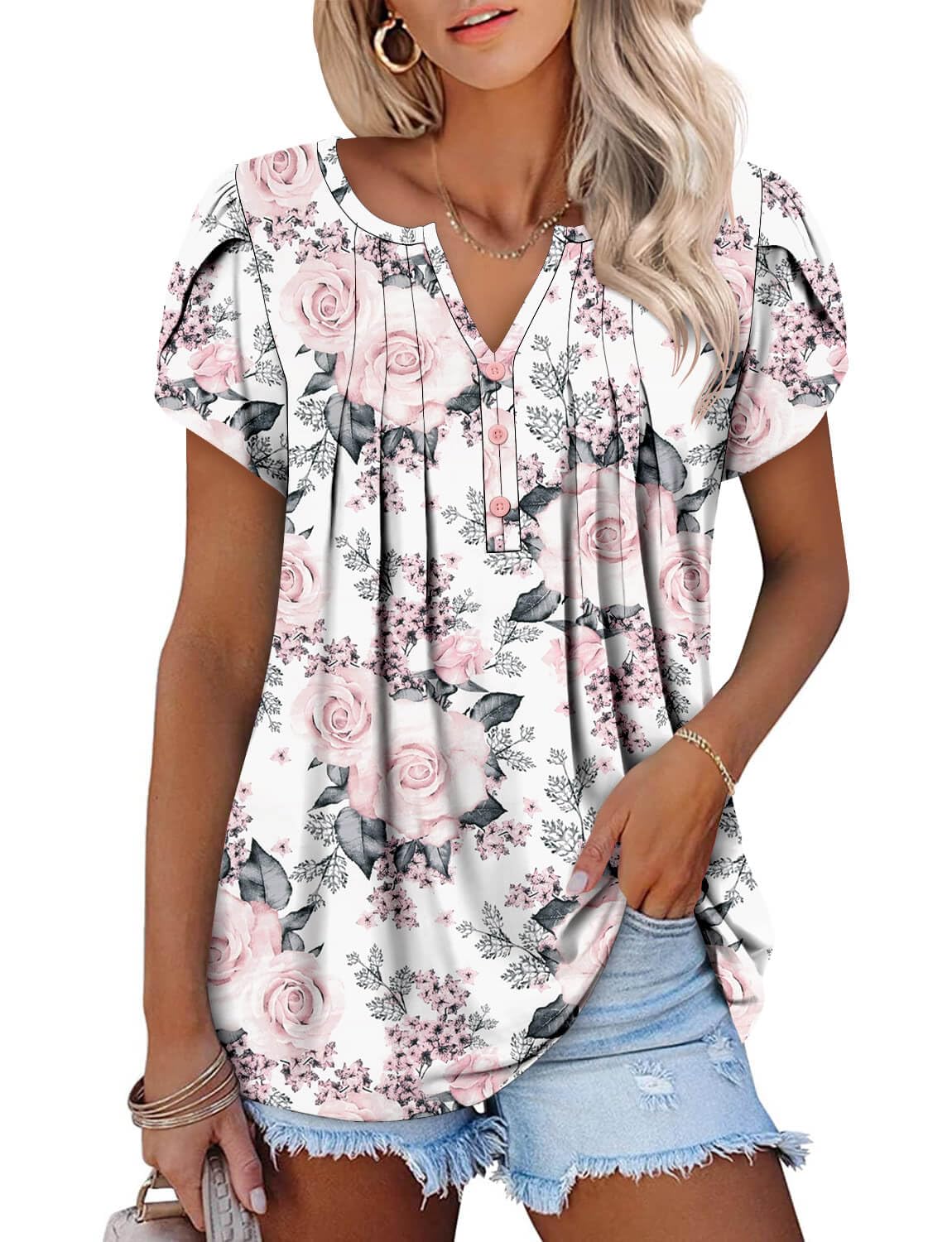 ONLYSHE Womens Short Sleeve Shirts Summer Floral Tunic Tops V Neck Blouse Loose Fit Shirts for Leggings