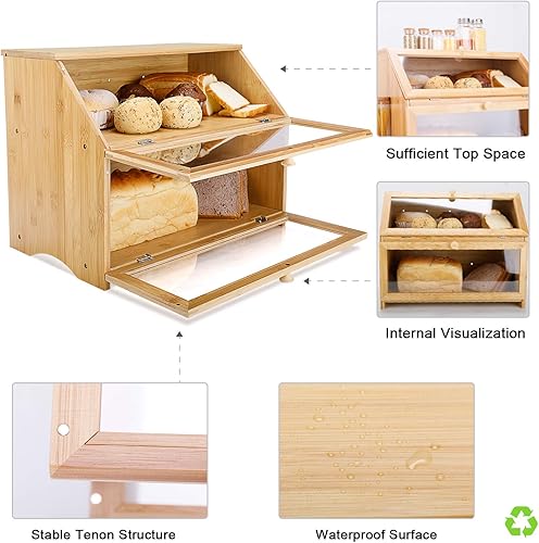 Miniatura 18 de HOMEKOKO Panera grande de doble capa para encimera de cocina, contenedor de almacenamiento de pan de madera de gran capacidad (negro) Negro