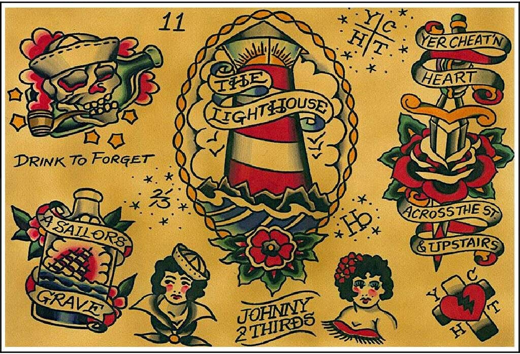 Bonoff Blue, White, Red Flash By Johnny 2 Thirds Old School Nautical Tattoo Art Print Poster Retro Art Wall Decor Metal Sign Poster 8X12 Inch