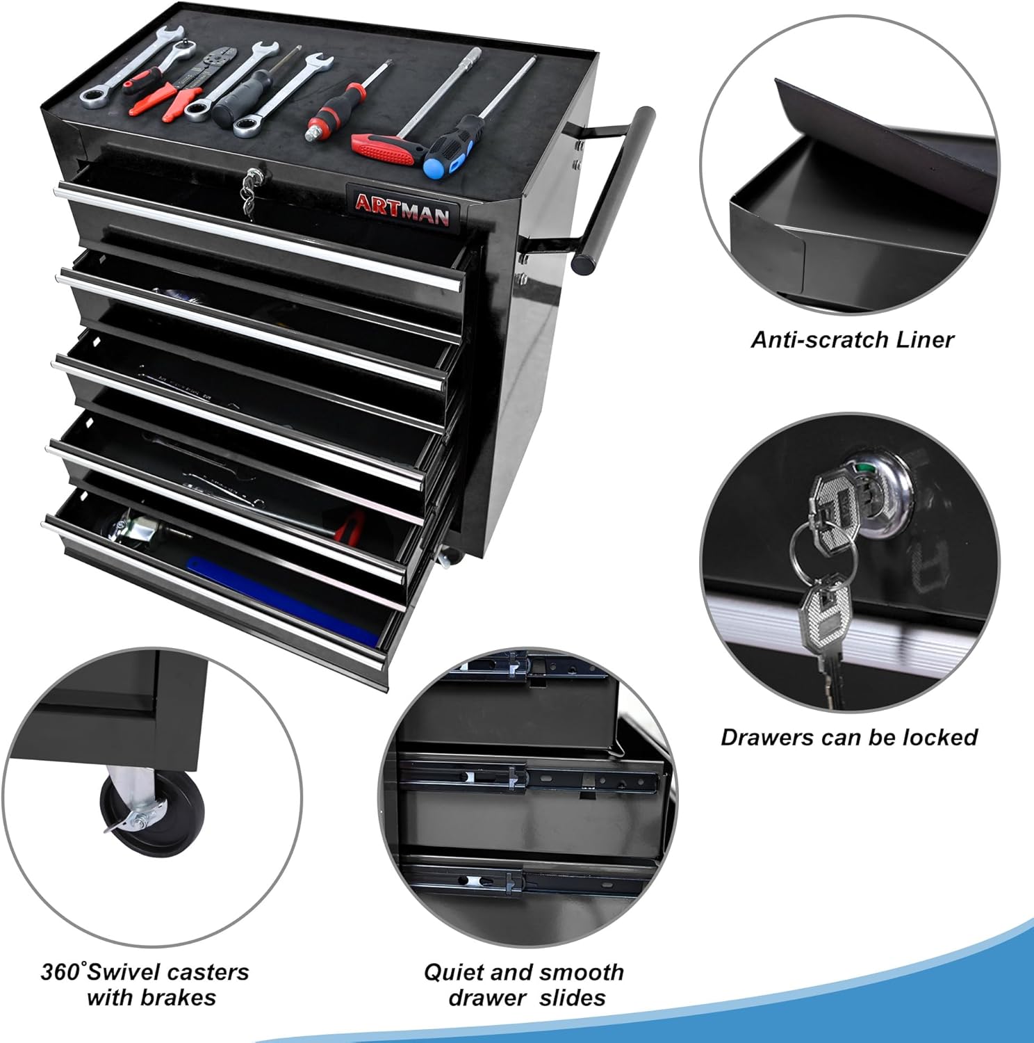 5 Drawers Tool Cart on Wheels, 5 Drawer Rolling Tool Chest with Key Lock, Trolley Organizer Tool Case, Multifunctional Rolling Tool Box for Garage,Warehouse,Workshop,Repair Shop (Black)