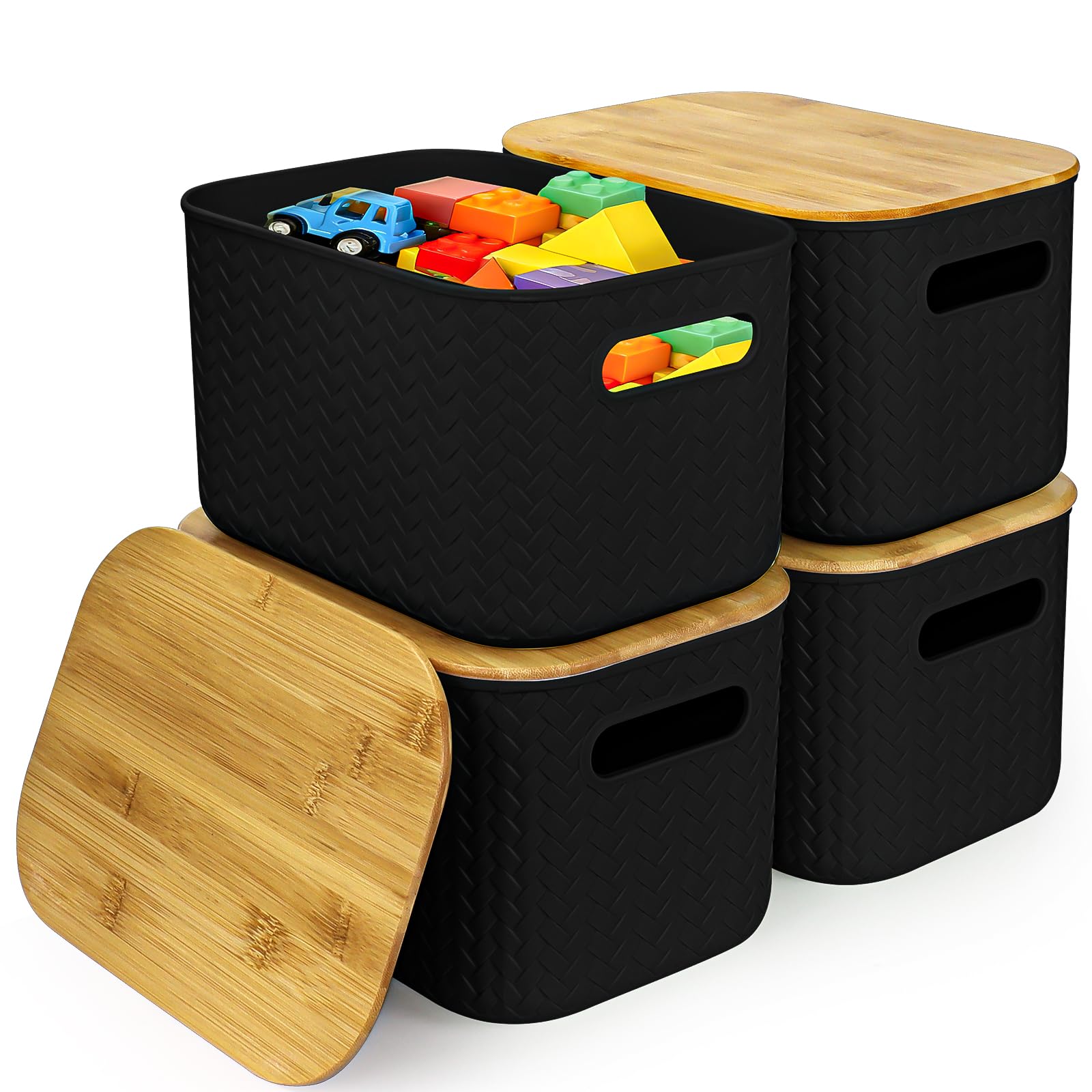 XJGQZ Plastic Storage Boxes with Wooden Lids, 4-Pack Stackable Organisers