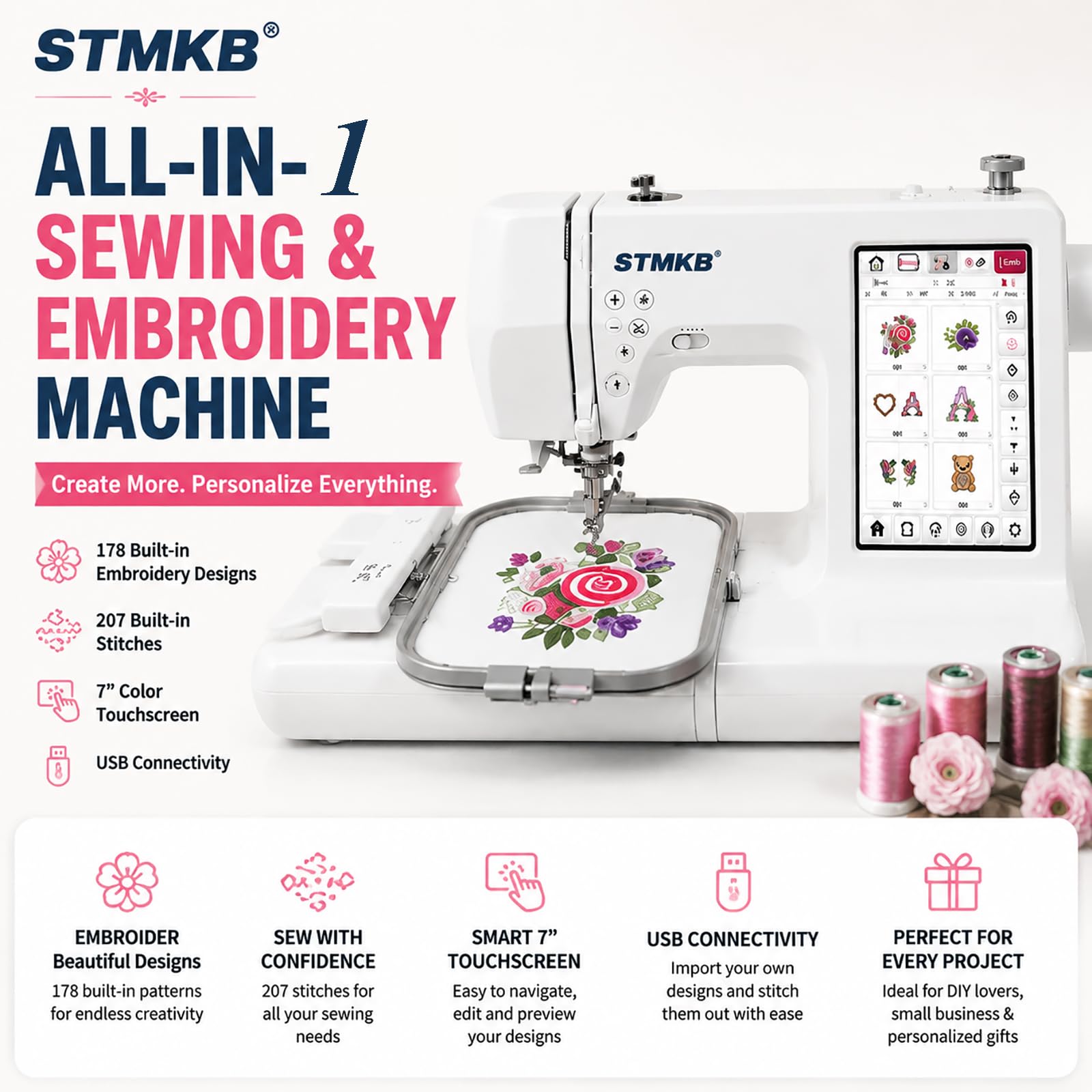 Computergesteuerte Stickmaschine Mit 7-Zoll-Touchscreen, Näh- Und Stickkombination, 207 Stichmuster Und 178 Integrierte Designs, Automatischer Nadeleinfädler, USB-designimport