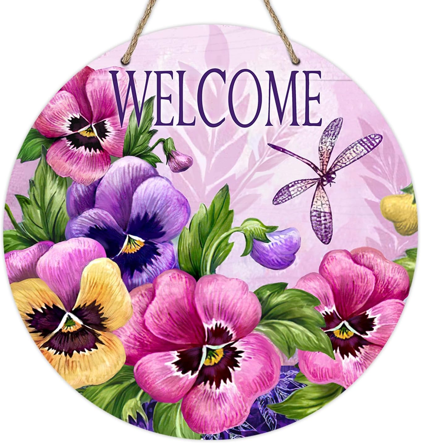 Deroro Welcome Spring Summer Pansy Flower Front Door Sign, Pink Floral Dragonfly Wood Door Hanger Outdoor Outside Porch Decor, Seasonal Wooden Wreath Indoor Wall Hanging Decoration