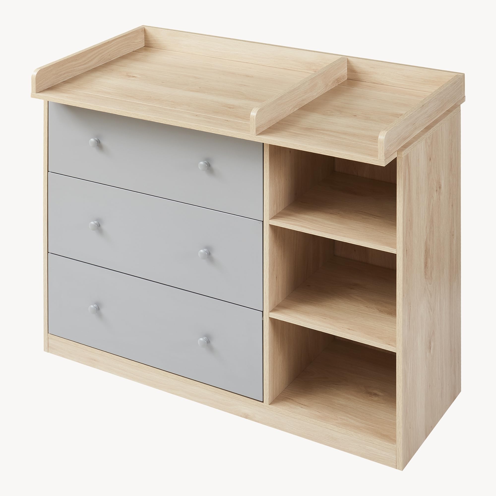 [en.casa] Mueble Cambiador Bebé Beldinupp 2 en 1 Cómoda con Cambiador Bebé con 3 Cajones y 3 Compartimentos Abiertos Moderno 93 x 110 x 55 cm - Efecto roble/Gris