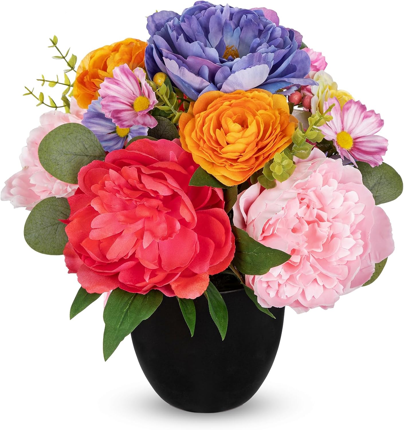 Briful Artificial Peonies Flower in Modern Black Pot, Farmhouse Table Floral Arrangements, Fake Spring Flower Centerpieces with Rose&Berries for Home Indoor Office Living Room Kitchen Decor
