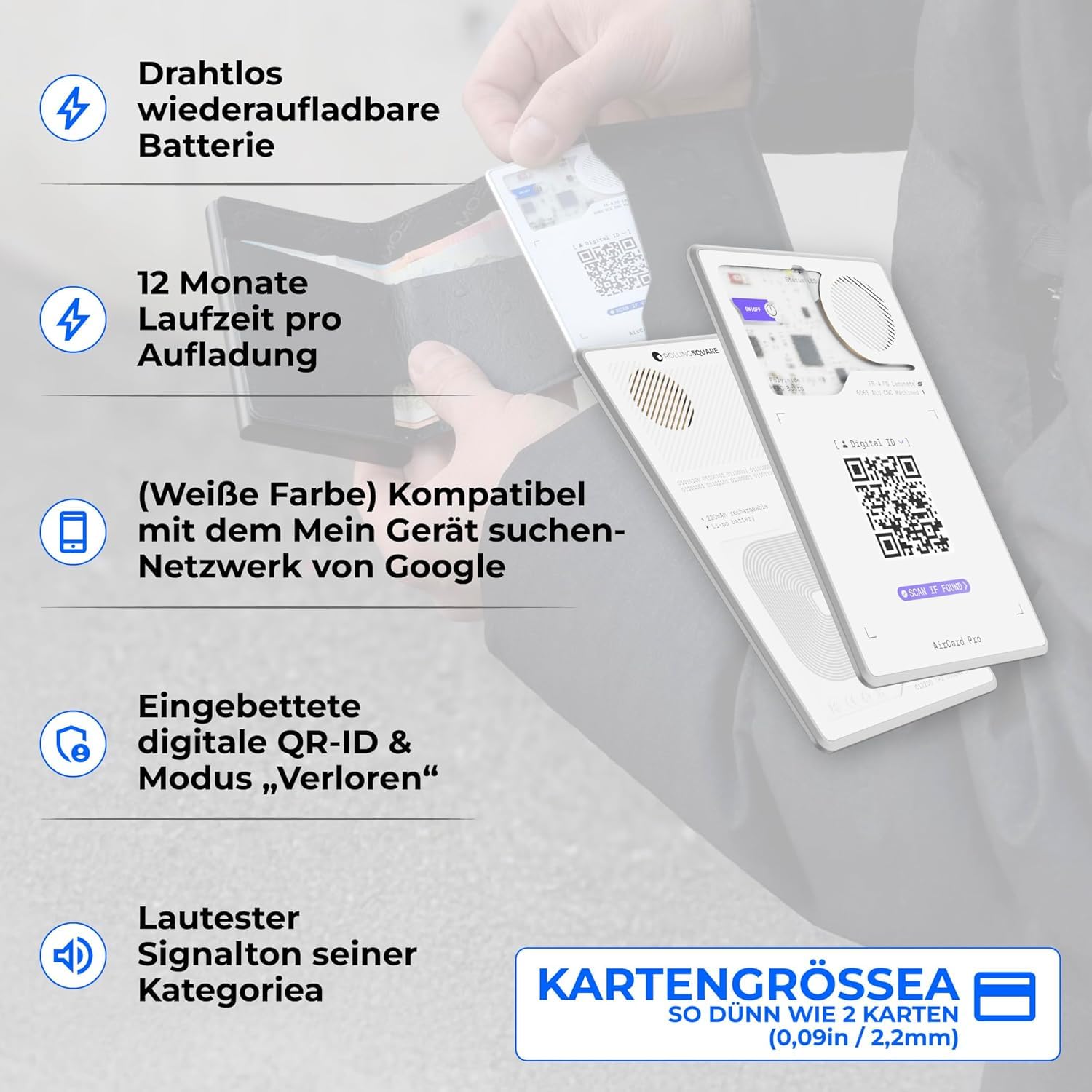 Rolling Square AirCard Pro – Bluetooth Tracker Karte Für Android Google Find Hub, Tracking Card mit Kabellosem Laden und Digitaler ID, Ultradünnes Technik-Gadget für Portemonnaie oder Reisepass