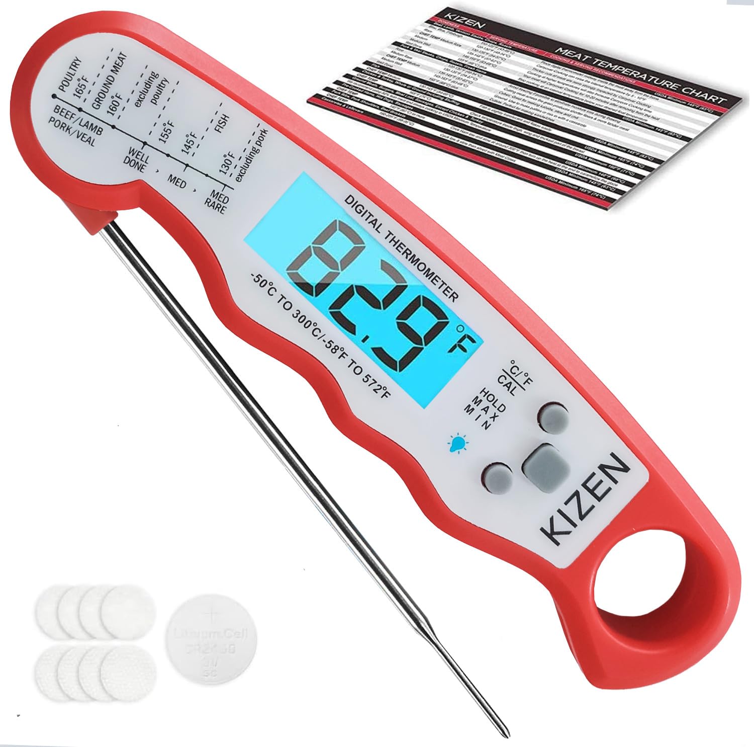 Instant Read Meat Thermometer - Best Waterproof Ultra Fast Thermometer with Backlight & Calibration. Kizen Digital Food Thermometer for Kitchen, Outdoor Cooking, BBQ, and Grill! (Red)