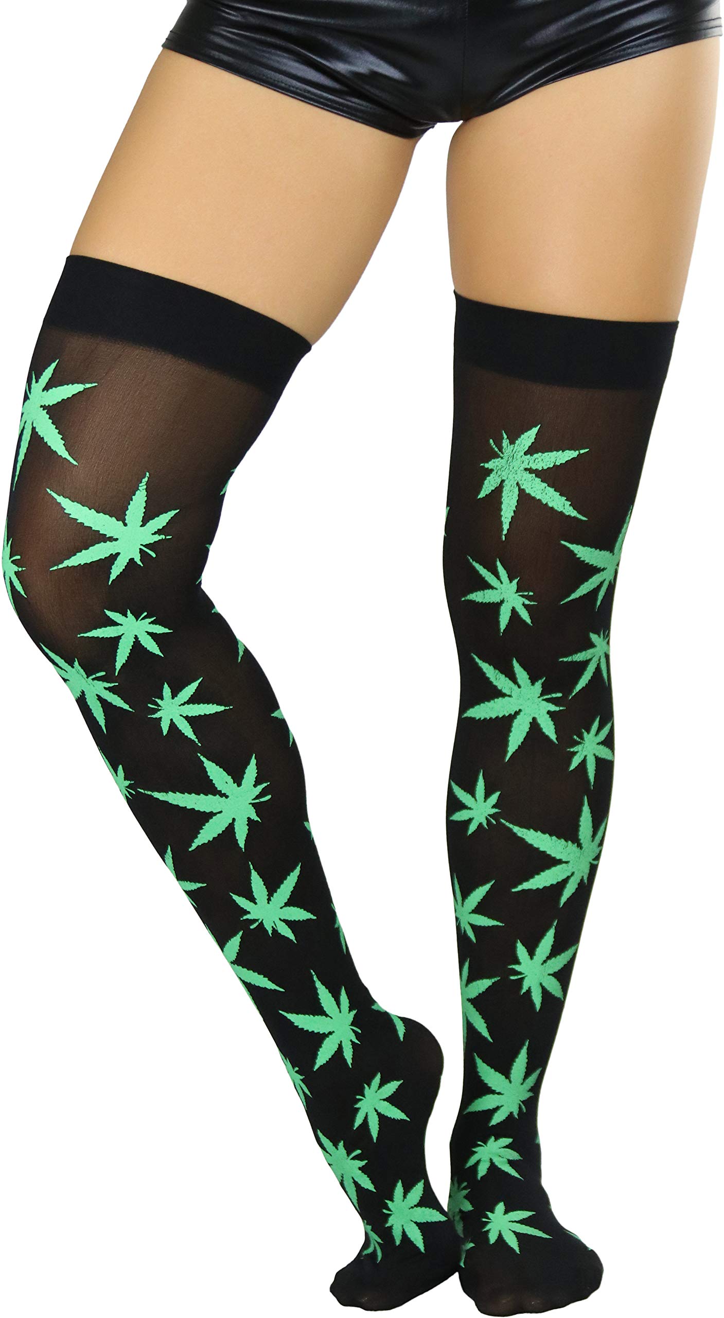 ToBeInStyle Women’s Thigh High Stockings Bodystocking Tights Medicinal Cannabis Marijuana Weed Leaf Print Festival Hosiery