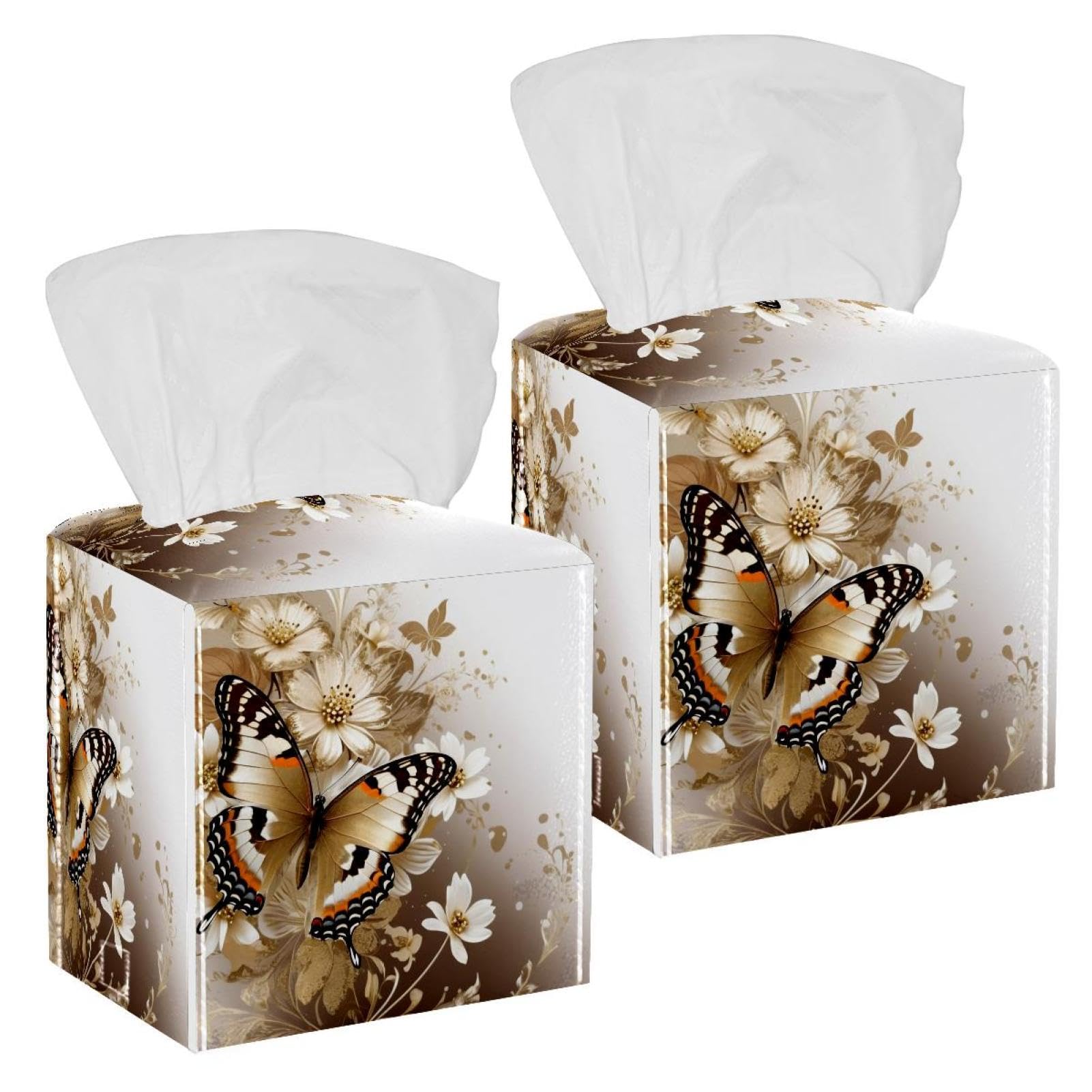 Golden Butterfly on Flowers Tissue Box Cover, 2 Pack PU Leather Square Facial Tissue Dispenser Box holder for Home Office Car