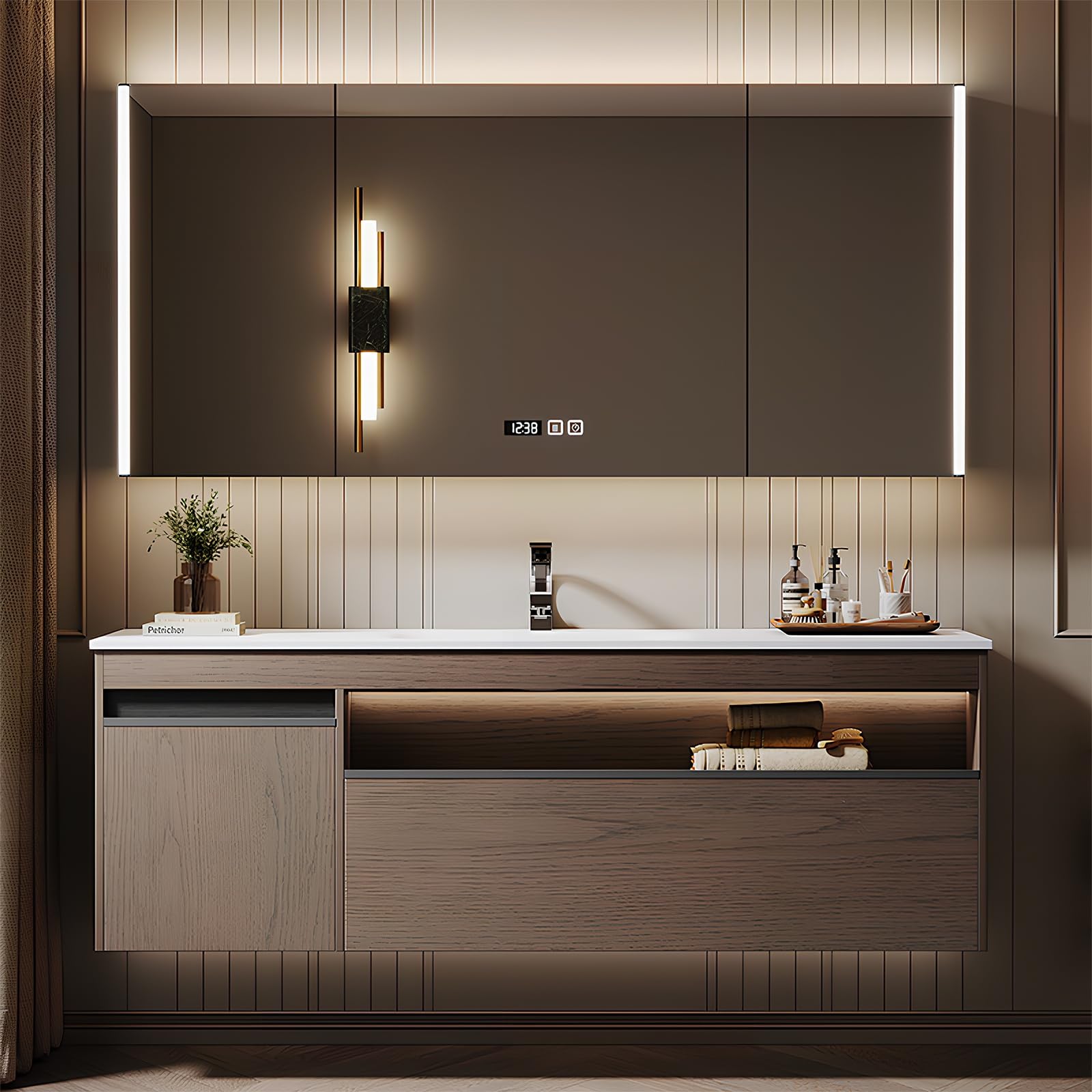 36IN Bathroom Vanity with Sink, Modern Floating Bathroom Vanities Set Includes LED Smart Defogging Mirror Cabinet, Bathroom Cabinet with Drawers and Soft-close Doors, Sensor Light (Wood Brown)