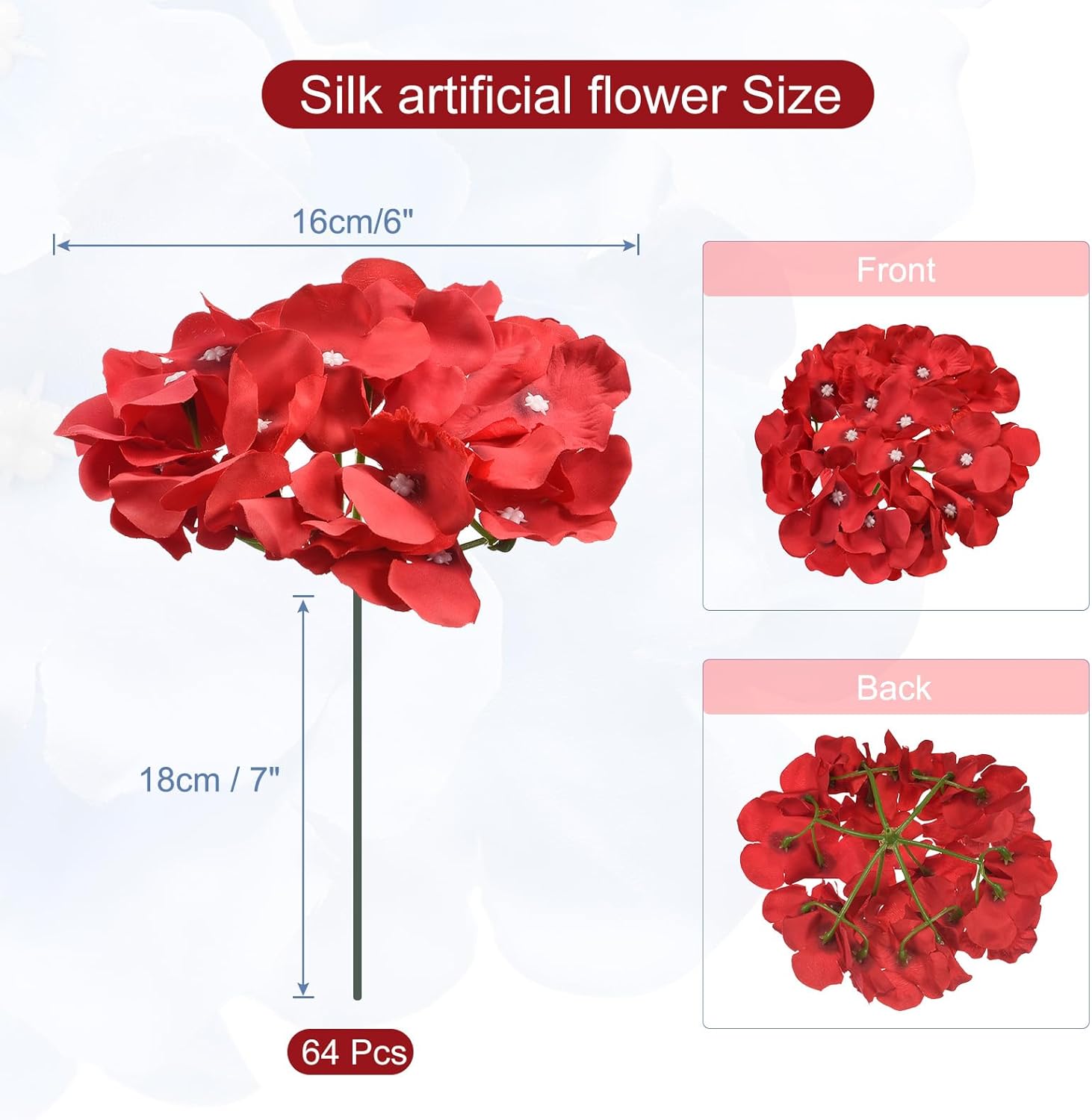 MECCANIXITY Silk Artificial Hydrangea Flowers, Red Artificial Flowers Heads with Stems, Full Hydrangea Flowers for Wedding Centerpieces, Party Decoration 64 Set