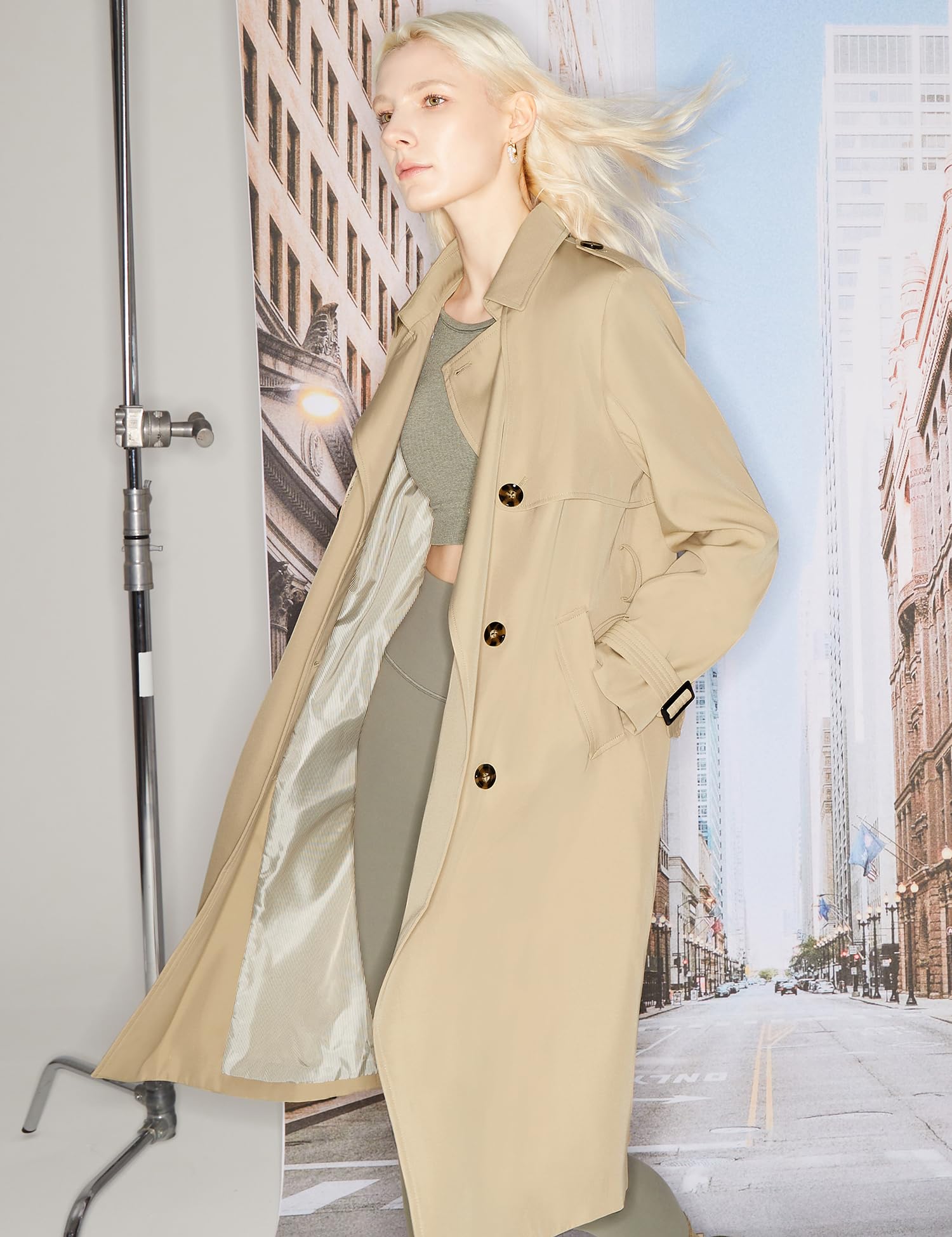 Orolay Damen-Trenchcoat Lang Zweireihig Klassischer Reversmantel mit Gürtel