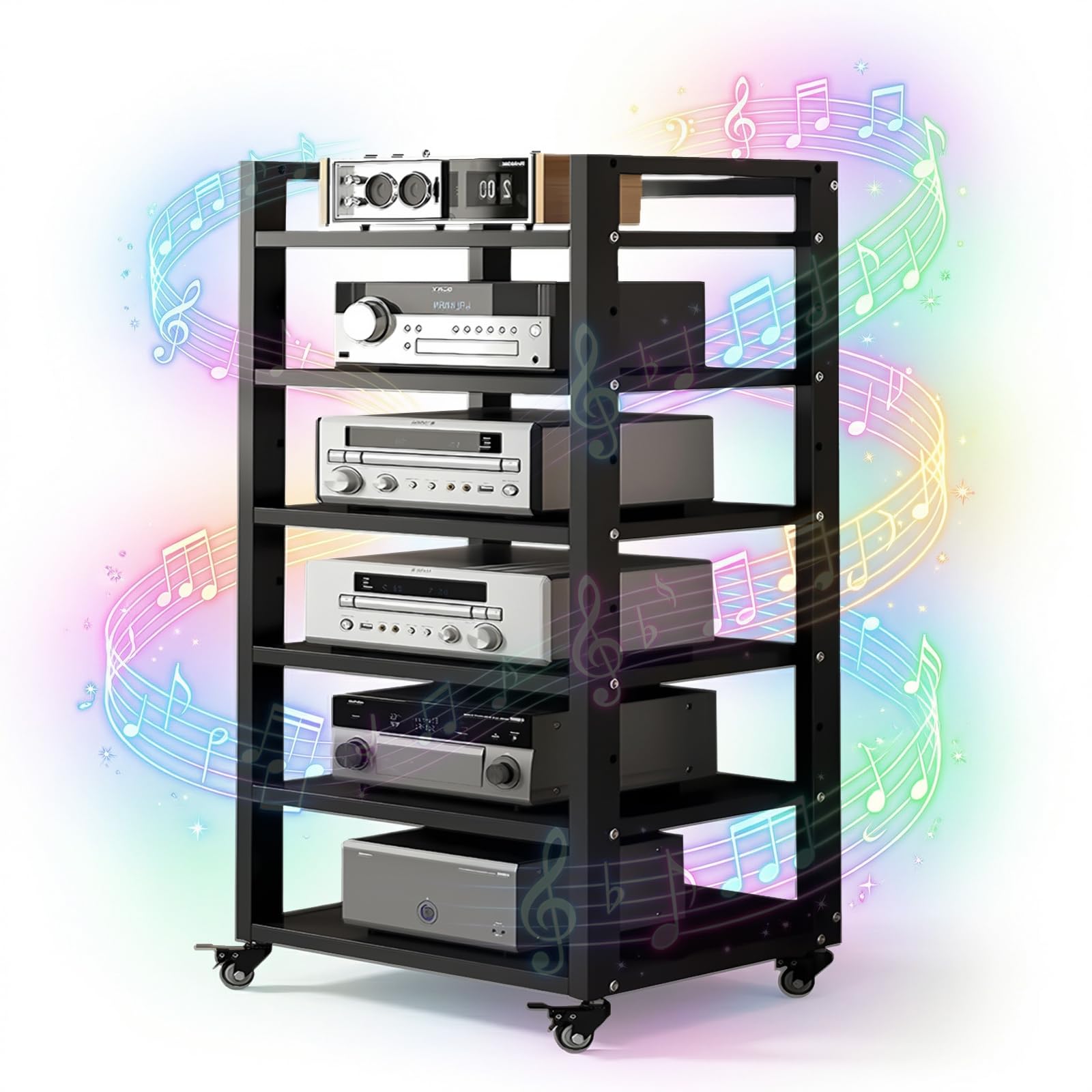 Mobile HiFi a 4 Ripiani per Giradischi e Componenti Audio - Supporto Multimediale Verticale con Struttura Robusta, Rack Stereo perfetto per Vinili, Console Gaming e Decoder, Design (A-6H, 50*40*120cm)