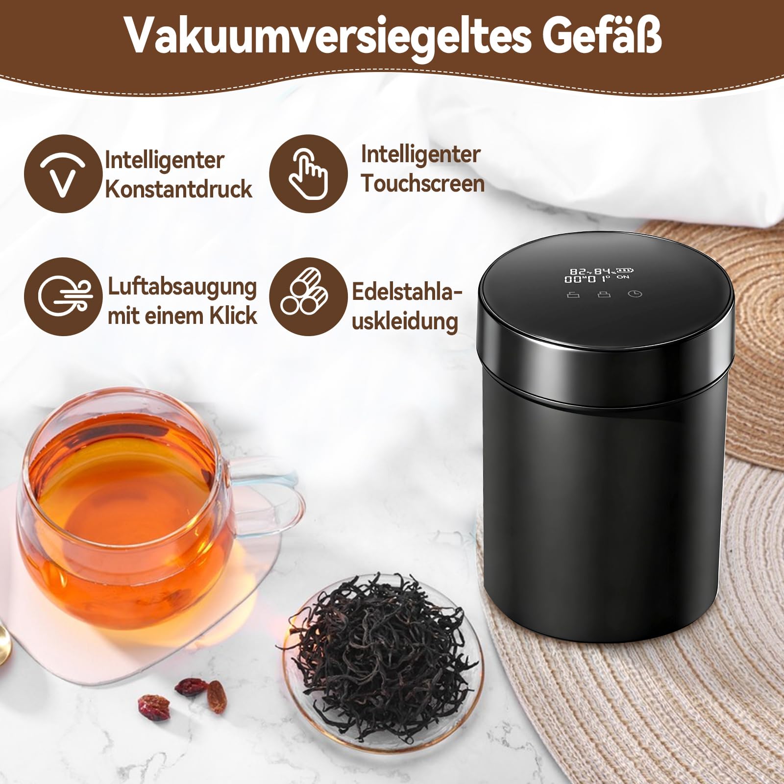 Smart Jar 1800ml 500ml Auto-Vakuum-Kaffeedose Ein-Klick Luftabsaugung Edelstahl für Kräuter, Pilze, Kaffee, Gewürze, Blumen, Luftdichte Aufbewahrung