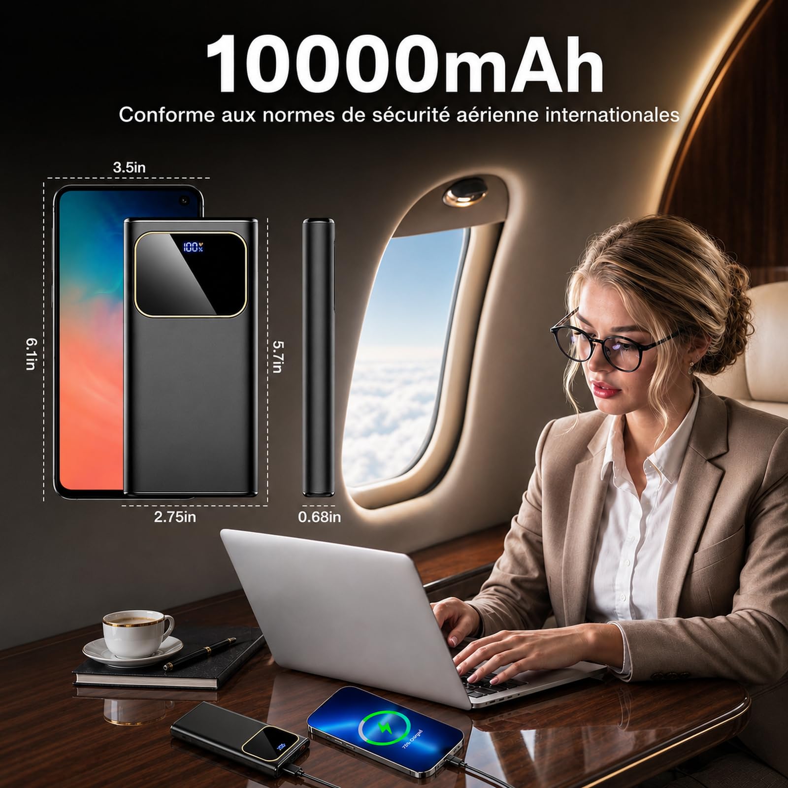 2026 Batterie Externe, 10000mAh 22.5W Power Bank, Batterie Portable USB C Input & Output PD3.0 QC4.0,Charge Rapide Powerbank à Affichage LED pour iPhone Samsung et Autres téléphone（Noir）