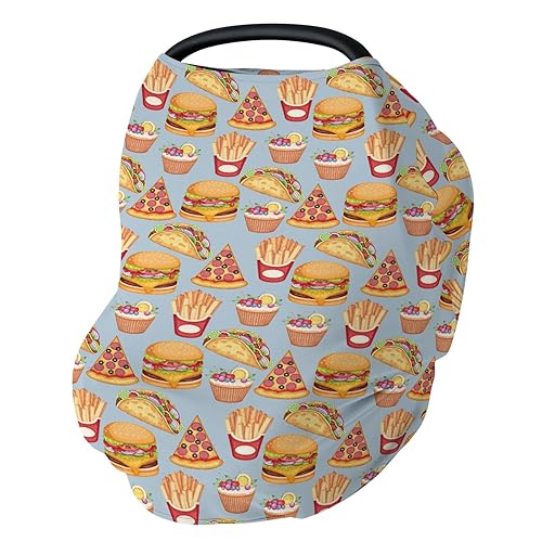 Fun Junk Foods Car Seat Cover for Babies Burgers Pizza Cake Stretchy 5-in-1 Cover Adjustable Infant Carseat Canopy Cover Sweets Treats Breathable Nursing Cover-Up