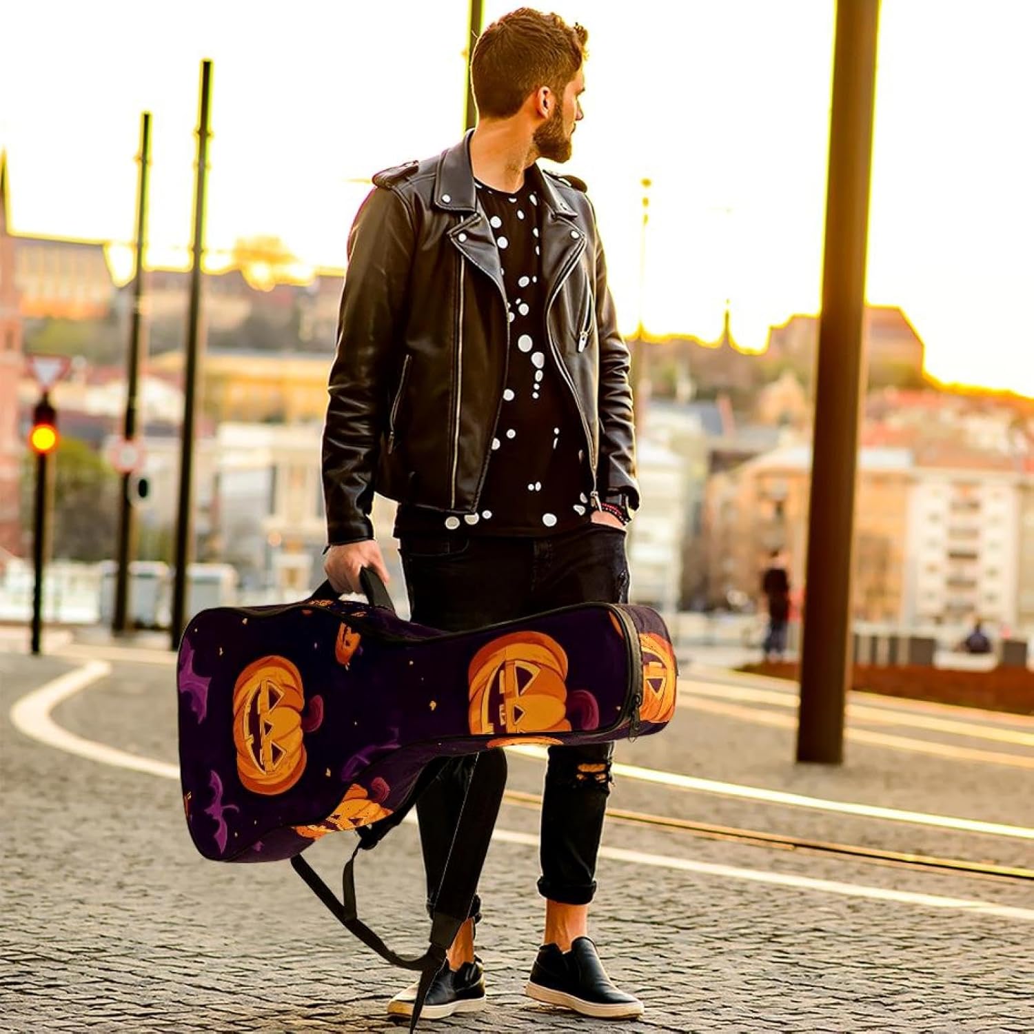 40/41/42-inch Halloween Elements Acoustic Guitar Bag With Adjustable Shoulder Strap And 2 Storage Bags. Guitar Bag With Back Hanging Loop, Electric, and Classical Guitars