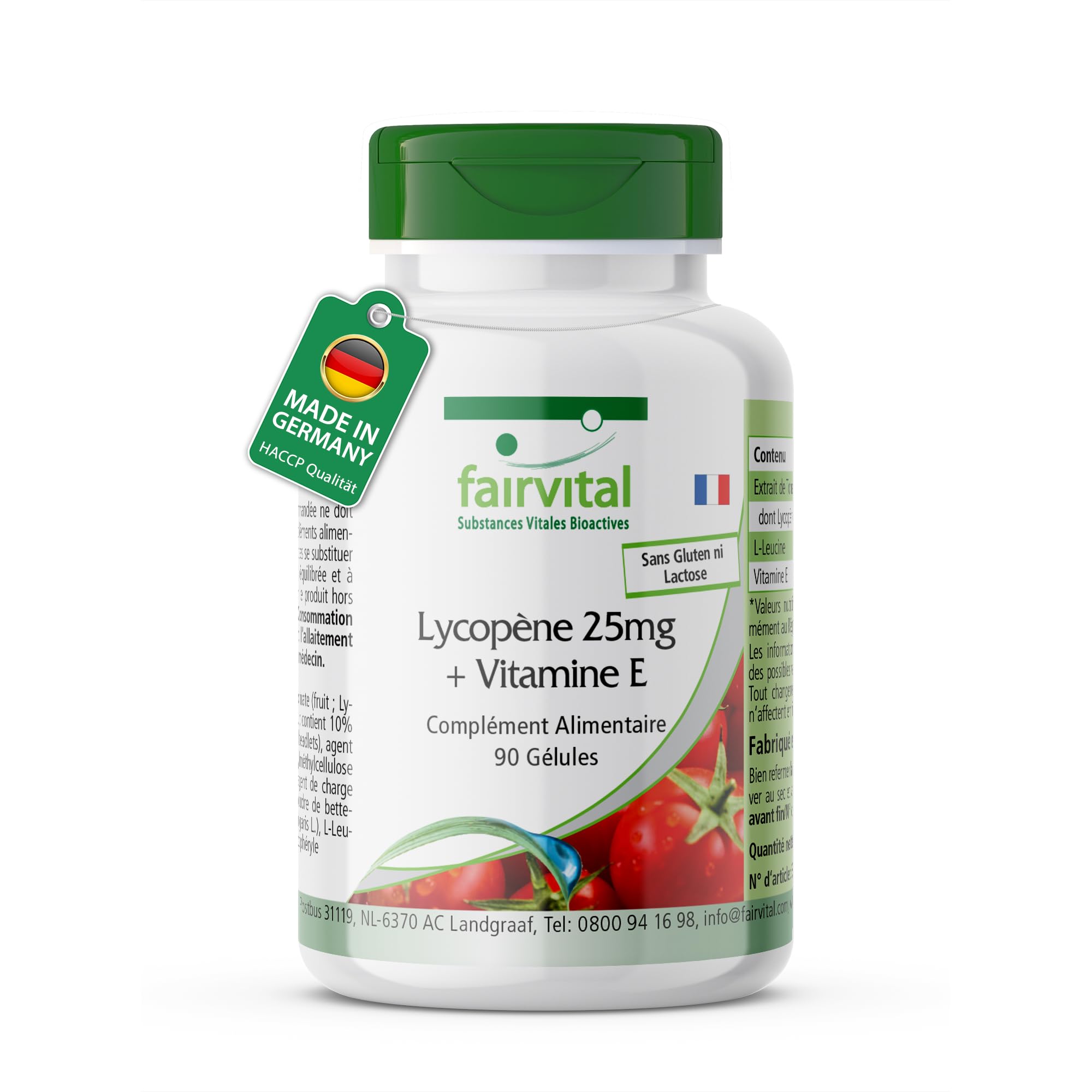 fairvital Capsules de lycopène avec vitamine E, 90 capsules, faciles à avaler, 25mg de lycopène, VÉGÉTALIENNES, micro-encapsulées
