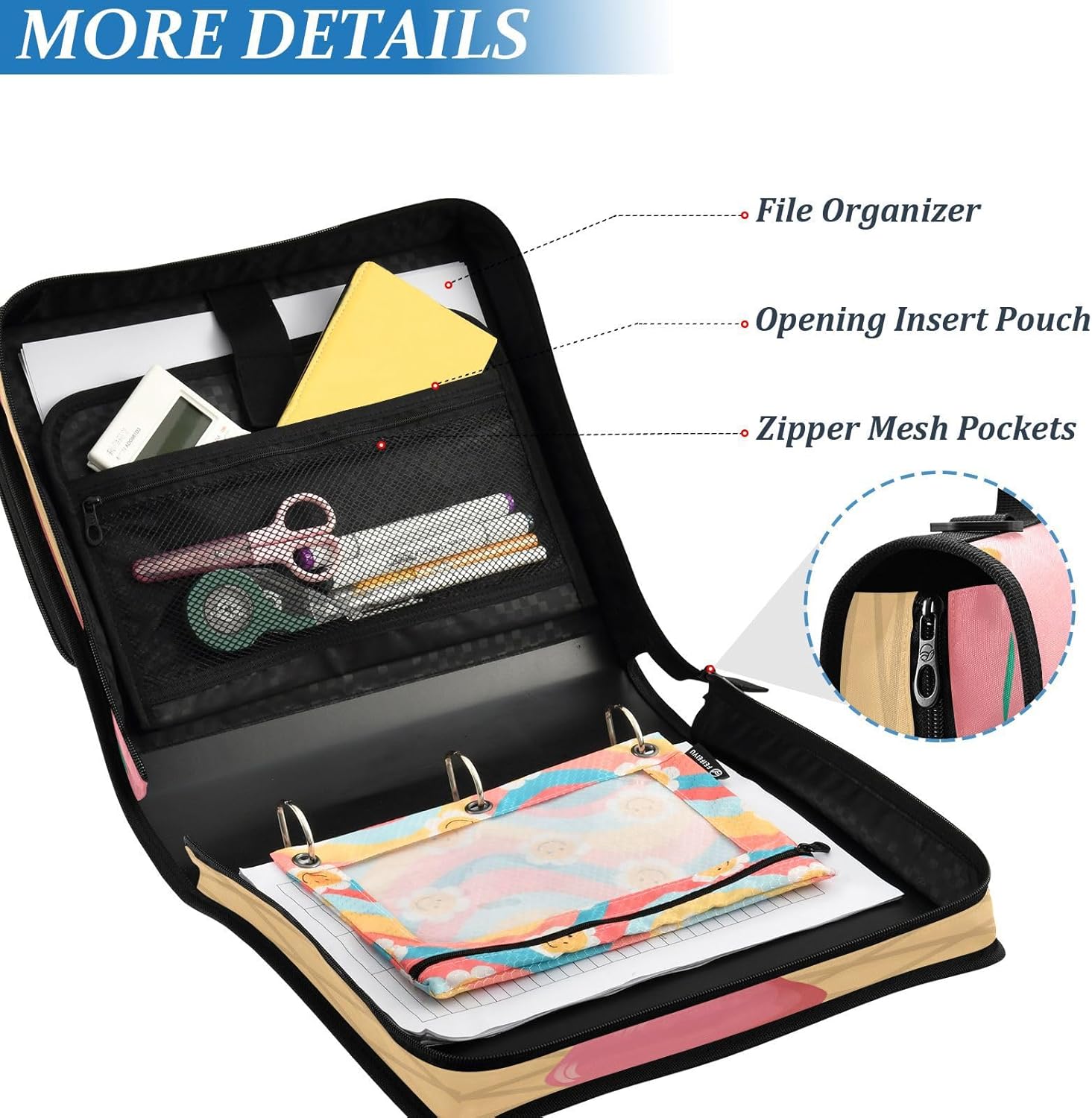 3 Ring Zipper Binder Pink Ice Cream Binders Bag with Shoulder Strap 500 Sheets Paper Organizer Trapper Keeper Documents Storage File Folder for School Office