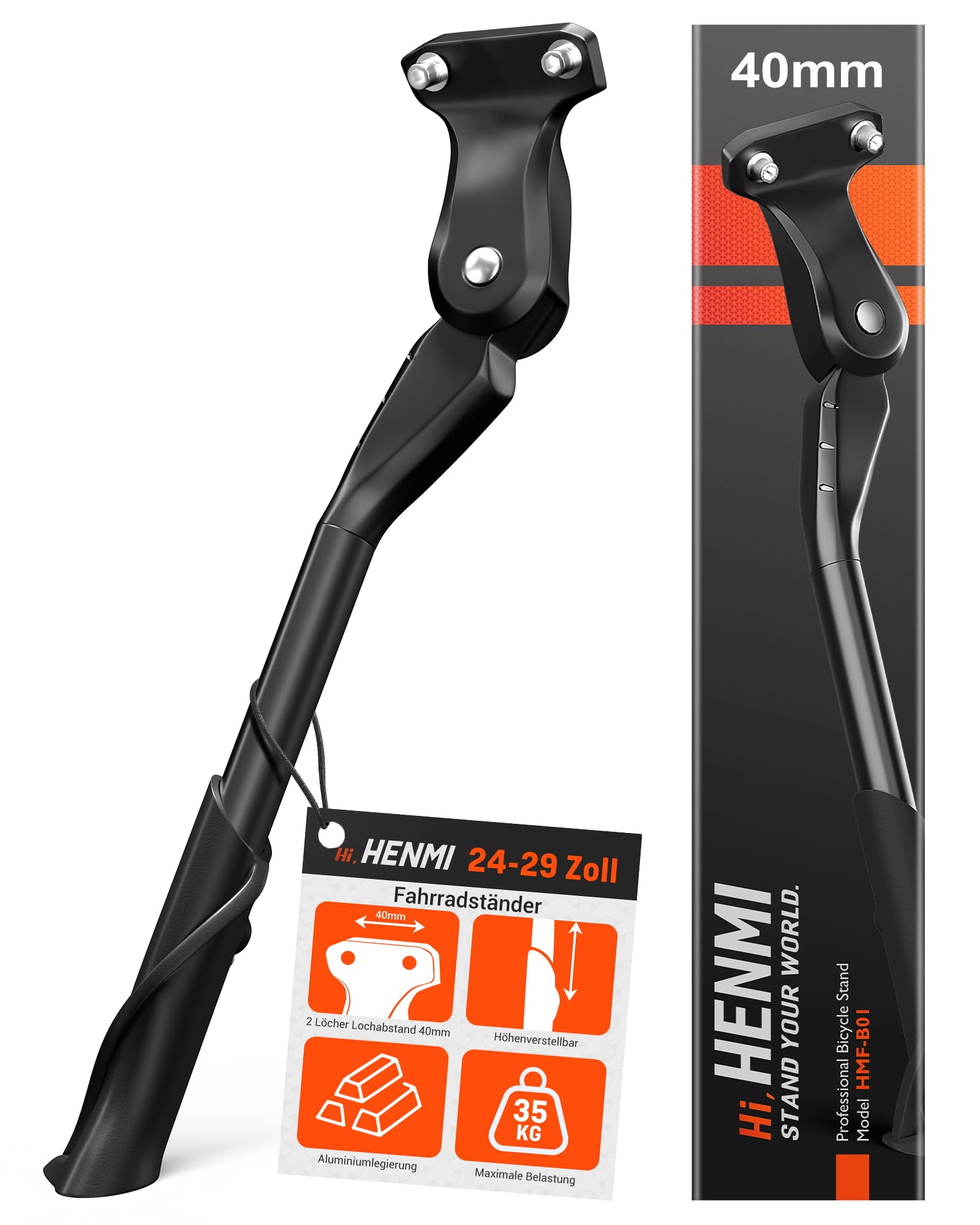 HENMI Fahrradständer 24-29 Zoll,Fahrradständer mit 2 Löchern,Stabil Seitenständer,Konzipiert für E-Bike und MTB,40mm Loch für M6 Schrauben,18mm Loch für M5/M6 Schrauben geeignet