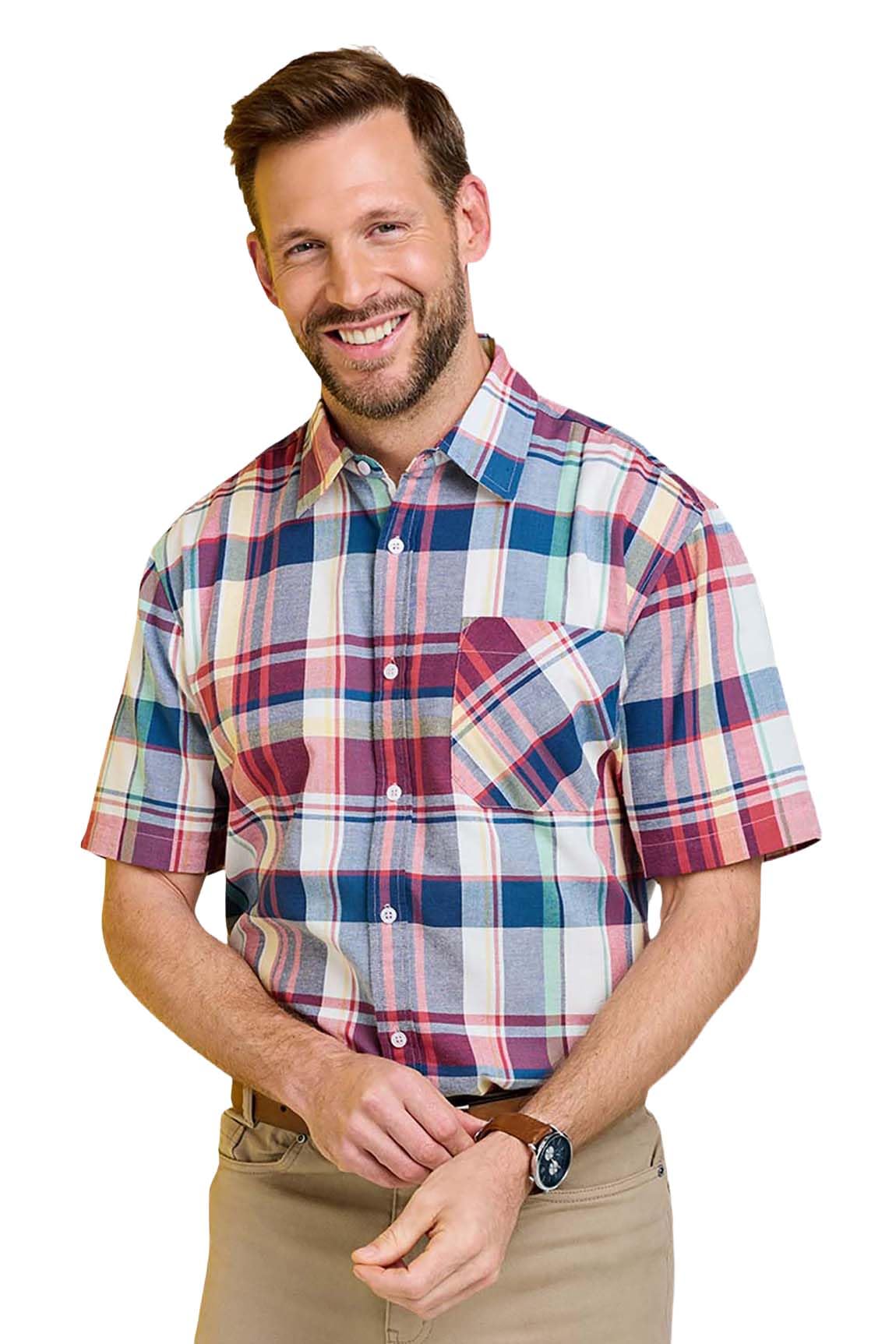 Pegasus Men's Navy Short Sleeve Cotton Check Shirt With Chest Pocket – Soft Handle Yarn-Dyed Fabric – Comfort Fit – 100% Cotton 3XL