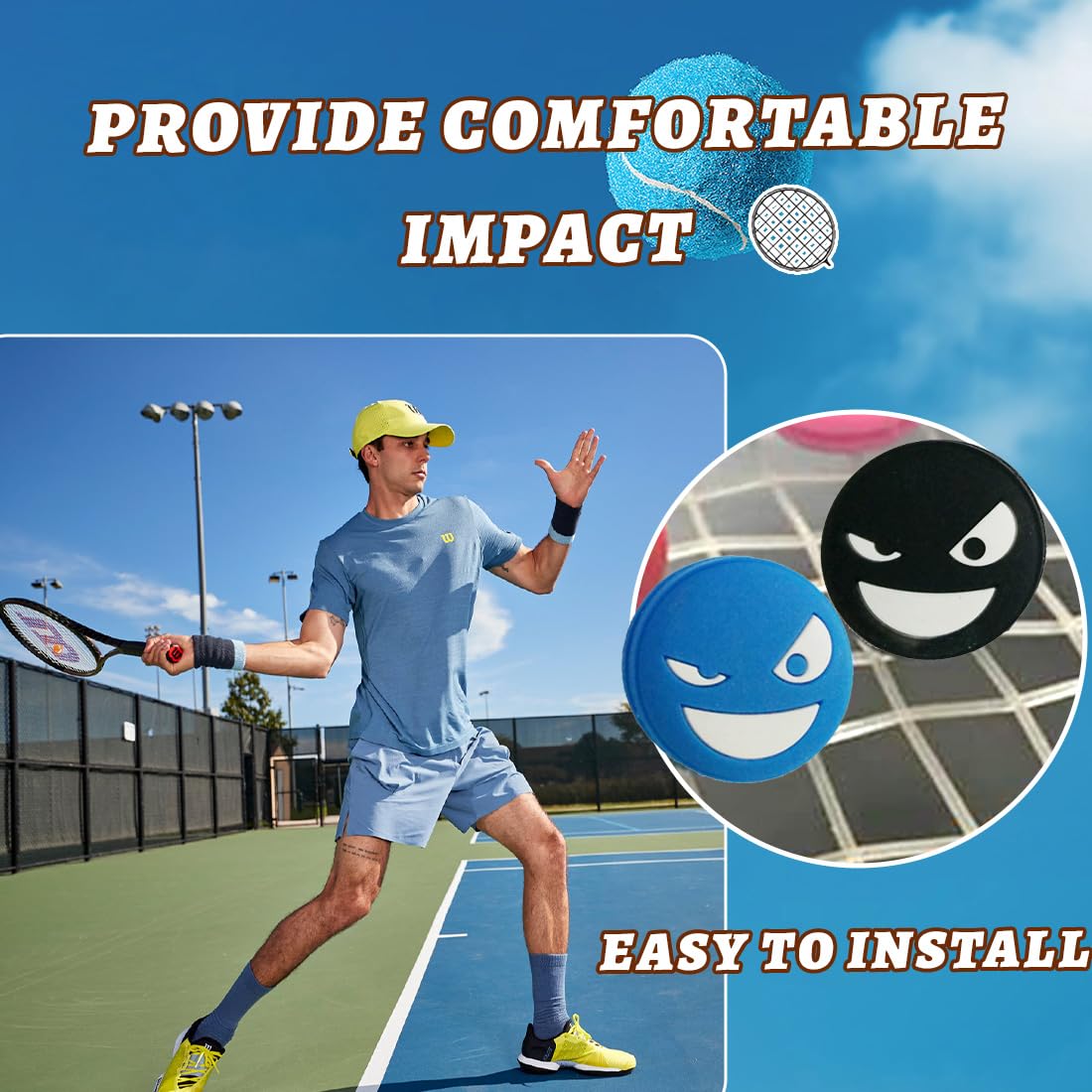 16 stuks Happy Face tennisdempers, ingebedde dempers, tennisrackets