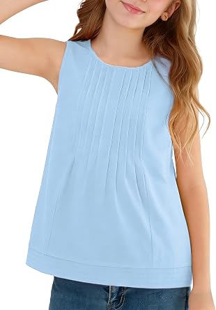 XMWEALTHY Girls Tops Cute Summer Tank Tops Round Neck Sleeveless T Shirts Casual Pleated Blouses 5-14 Years