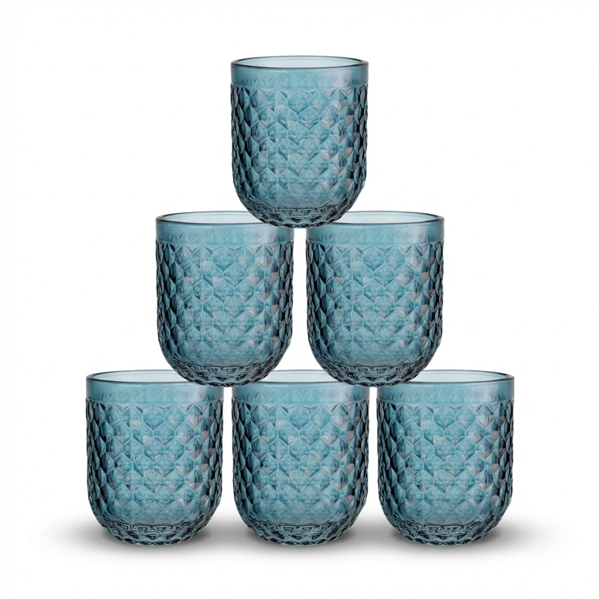 INDE SANTA CLARA | Set 6 Vasos de Cristal Agua 270cc Orbel Azul, Vasos Agua de Vidrio Relieve Azul, Aptos Lavavajillas y Microondas