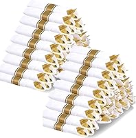 Vista 1 de Cubiertos de plástico dorado con servilletas, 100 paquetes de servilletas y cubiertos preenrollados, juego de cubiertos desechables envueltos