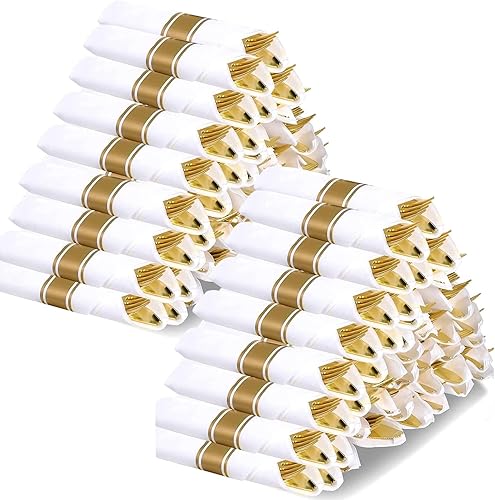 120 cubiertos de plástico dorado  Cubiertos desechables de plástico dorado con mango negro, cubiertos de plástico duradero para fiesta (mango negro,