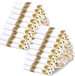Pre Rolled Gold Plastic Silverware, 100 Packs Pre Rolled Napkins and Cutlery Set, Disposable Rolled Cutlery with 100 of Forks, Knives, Spoons and Napkins for Party