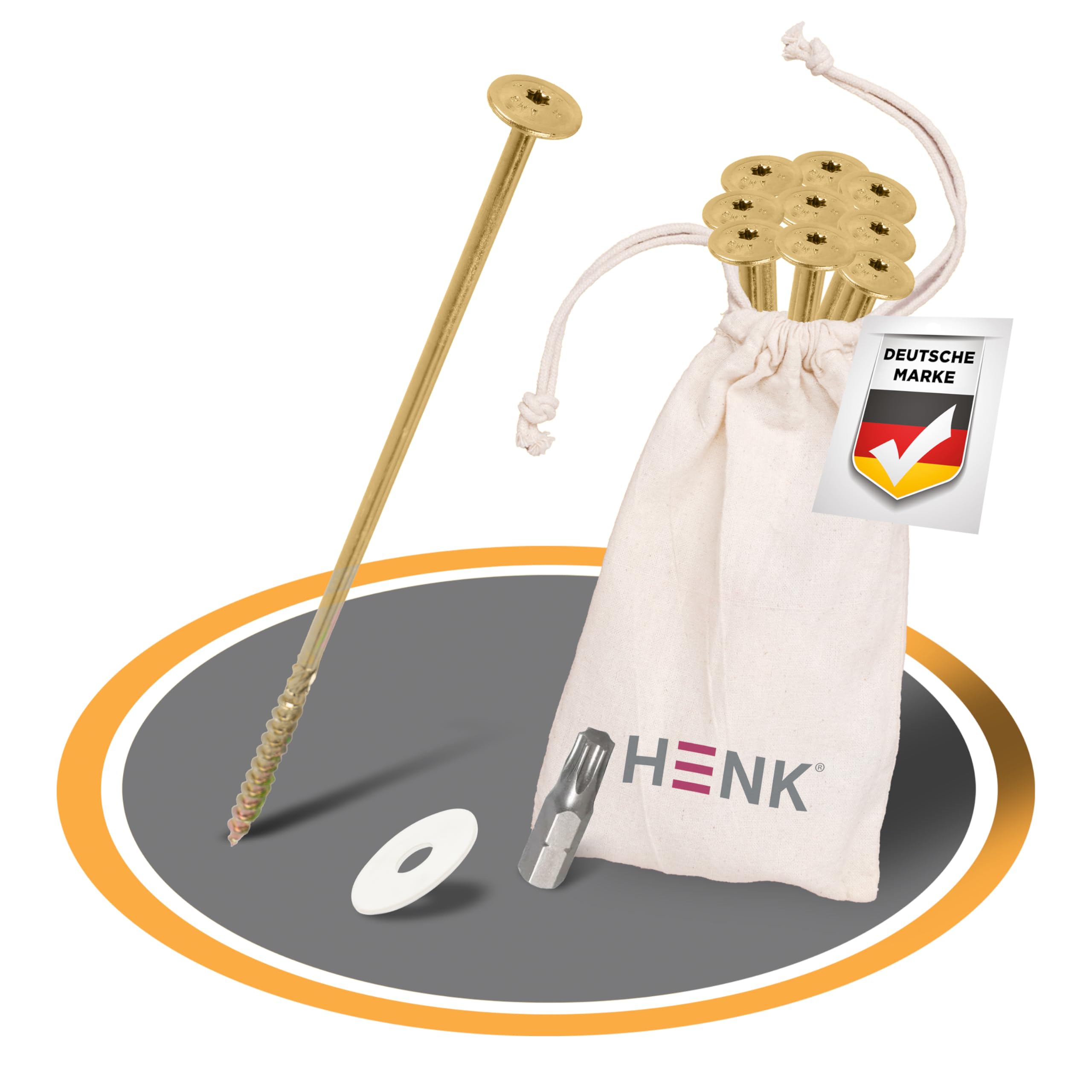 HENK Camping - Set, XXL Universal Schraubheringe, Zeltschrauben 10 Stück in mit Bit 10 Kunststoff-Unterlegscheiben für Schraubheringe Camping Große Zelten, Big Tent (300mm.)