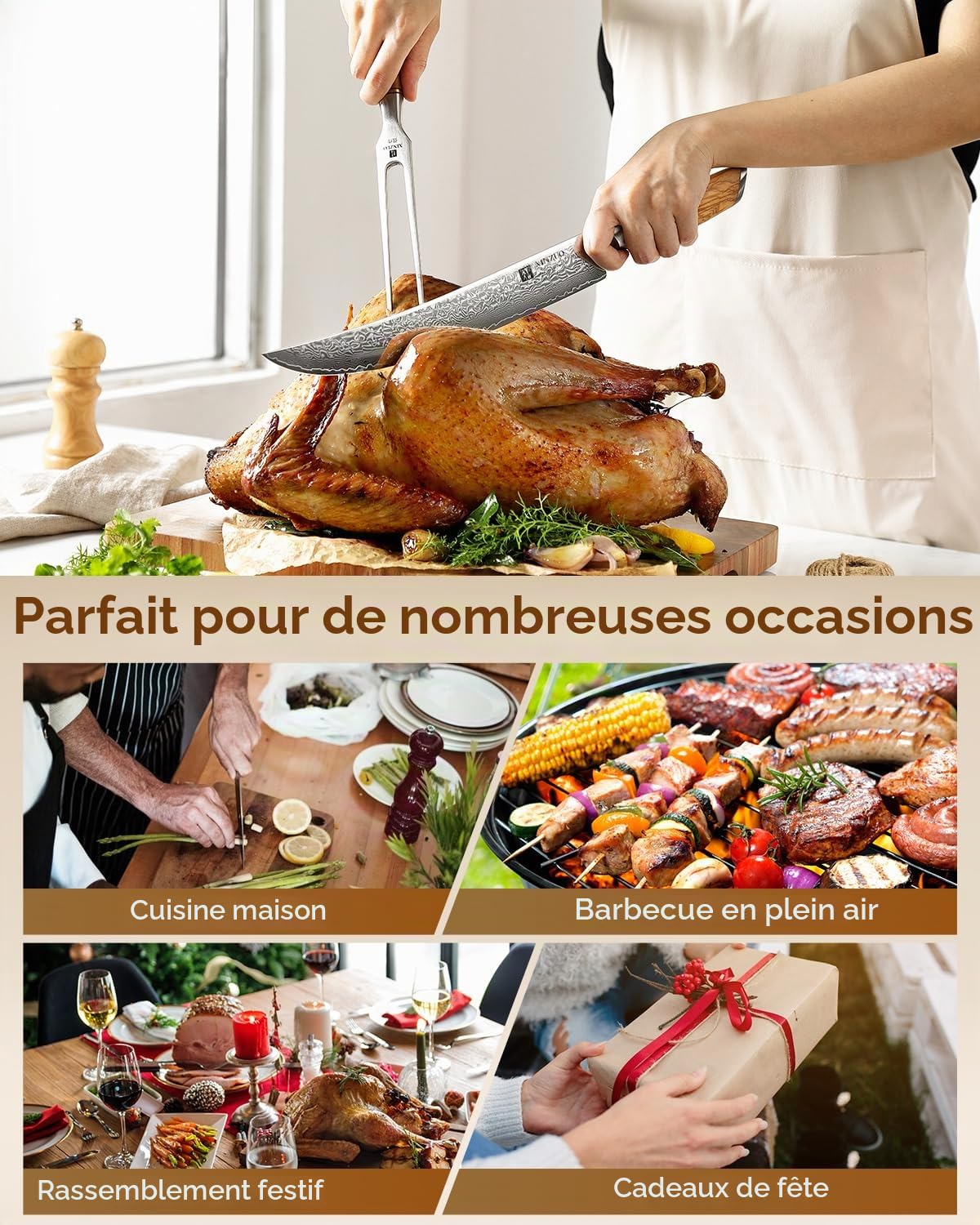 XINZUO 29.7cm Fourchette à Viande 430 Acier Inoxydable Fourchette à Découper, Chef Multifonctionnel Professionnel Barbecue Fourchette -Poignée en Bois d'Olivier -avec Boîte cadeau Exquise