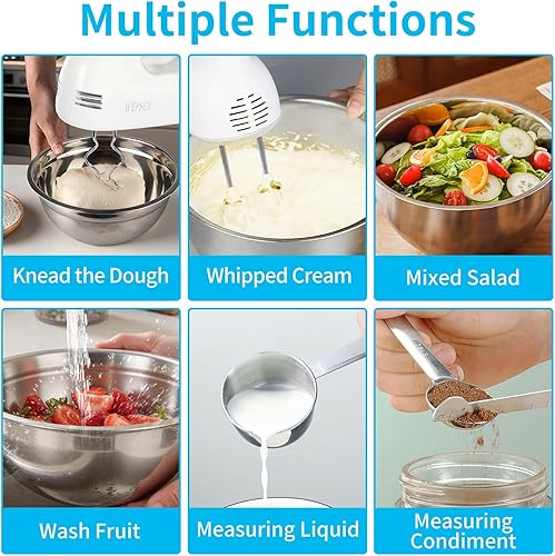 Miniatura 10 de Batidora de Mano Eléctrica Juego de Tazones de Mezcla, Batidora Manual de 5 Velocidades con 4 Tazones de Mezcla de Acero Inoxidable Anidables, Tazas