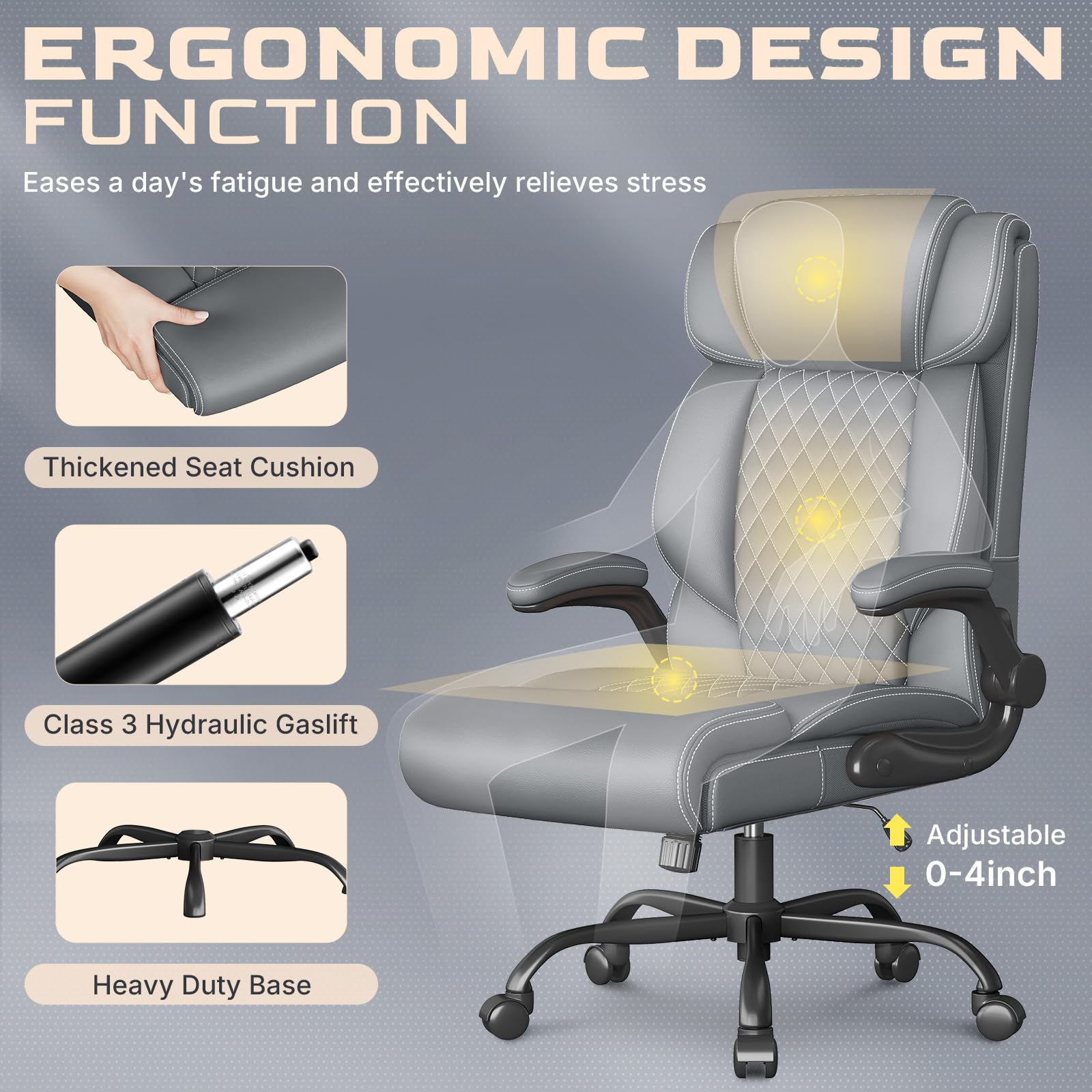 Office Chair Ergonomic Big and Tall Executive Desk Chair Breathable Leather Chair with Adjustable Flip-up Armrests Lumbar Support — view 6