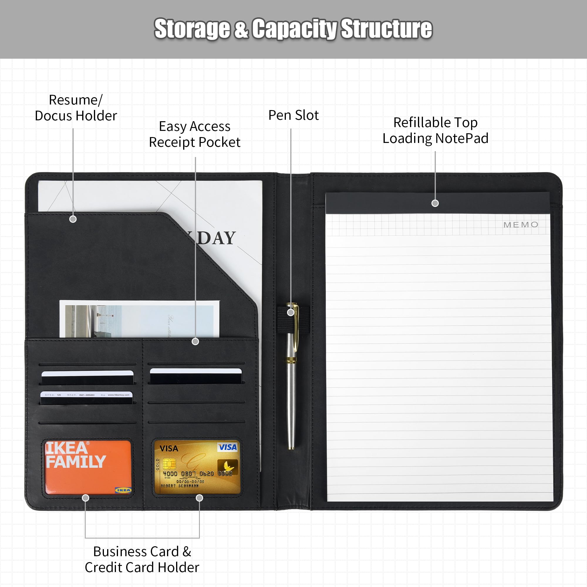 Classeur Portefeuille En Cuir PU – Format Lettre – Avec Bloc-notes, Porte-cartes, Porte-stylo – Idéal Entretiens, Réunions - 9