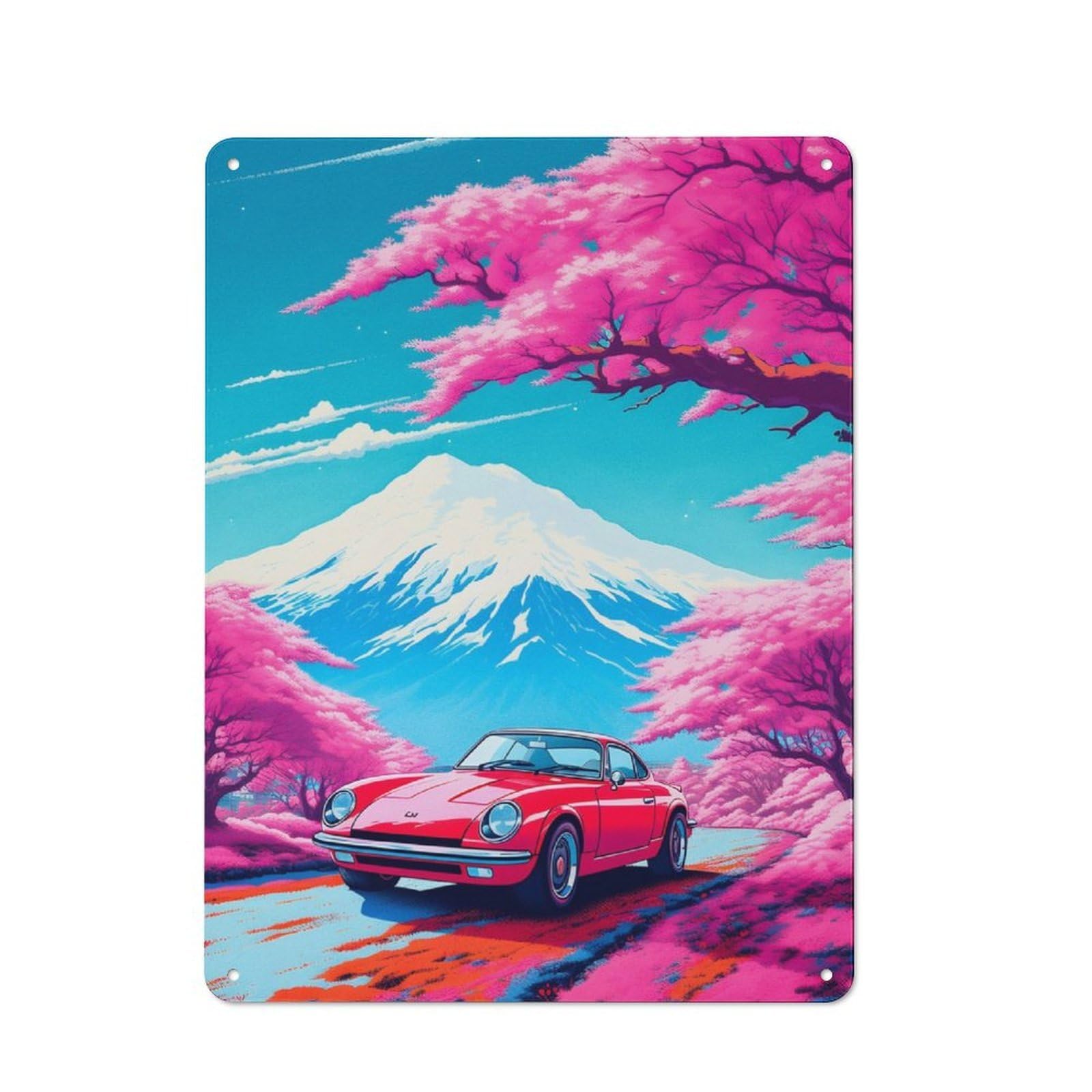 Junmoney Red Cars In Cherry Blossom Metal Sign 40X30cm With For Home Bar Wall, Vintage Decor, Wall Decoration For Home Bars And Entertaining Spaces